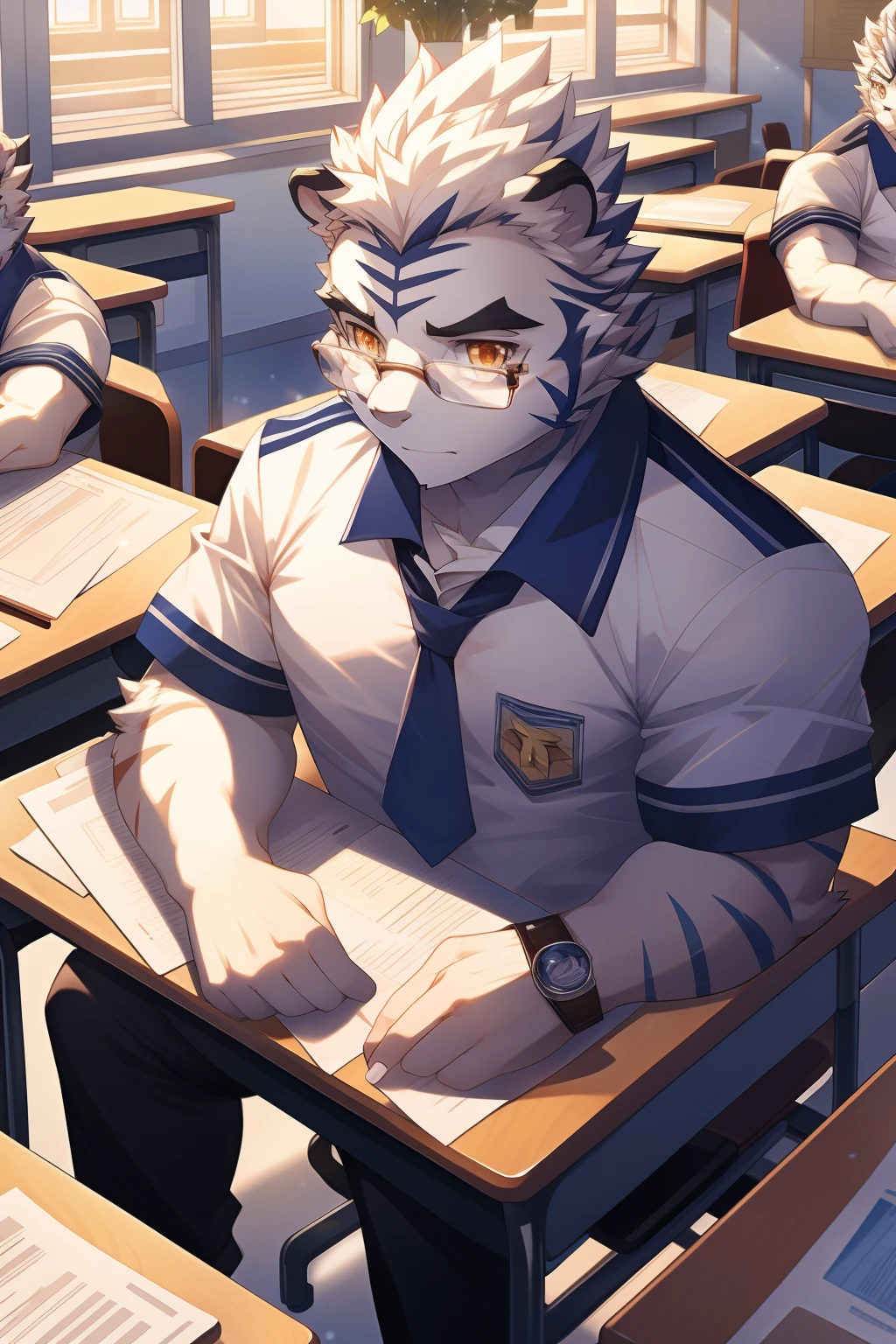 tmasterpiece, high high quality, High-definition photos, Anthropomorphic white tiger, male people, 18yr old, Thick eyebrows, White fur, Strong body, large pecs, White student uniform, wears glasses, sitting in classroom，Starry sky outside the window，the night，tense look，Be red in the face，Golden pupils，Clear facial features, Strong，Solo，Positive perspective，plain view，Full body photo，Exam papers，papelaria，Green potted plants，High-tech classrooms