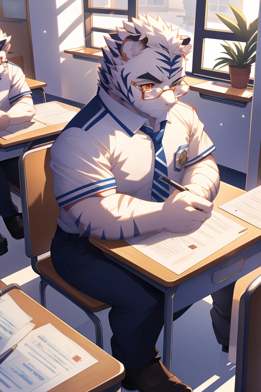 tmasterpiece, high high quality, High-definition photos, Anthropomorphic white tiger, male people, 18yr old, Thick eyebrows, White fur, Strong body, large pecs, White student uniform, wears glasses, sitting in classroom,Starry sky outside the window,the night,tense look,Be red in the face,Golden pupils,Clear facial features, Strong,Solo,Positive perspective,plain view,Full body photo,Exam papers,papelaria,Green potted plants,High-tech classrooms