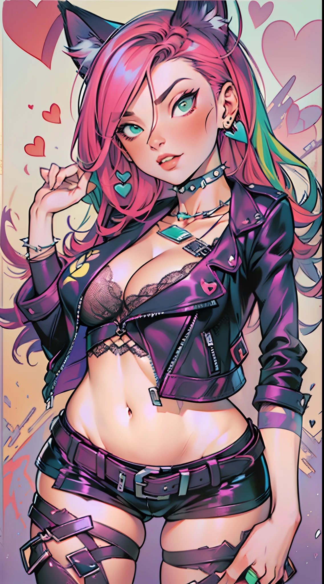 Loving, Love, (beautiful and clear background:1.2), high detailed eyes , underwear, lace, latex, Pink, green, mint, Blue, Yellow, green hair, body piercings, Loving, Love, ultra detail hair, Masterpiece, Best Quality, hiquality, hight resolution, detail enhancement, ((most beautiful image in the world)), Masterpiece, Best Quality, hiquality, hight resolution, detail enhancement, ((most beautiful image ), art by stjepan sejic, art by j scott campbell, Artist Guillem March, art by citemer liu, 4k, hight resolution,high quality detailed, style of ::2.0 comix illustration style,hiquality, hight resolution, detail enhancement, 8K, HD, Best Quality, hiquality, hight resolution, detail enhancement, 8K, HDR, sharp-focus, Ultra Detailed, perfect lighting, Curvy Body, Lush breasts, Curvy hips, rock, rock star, Cool,black leather jacket , style of, spikes, Cat's ears, Cool bracelets, Choker, Short shorts, fishnet pantyhose, Heart Print, Heart,