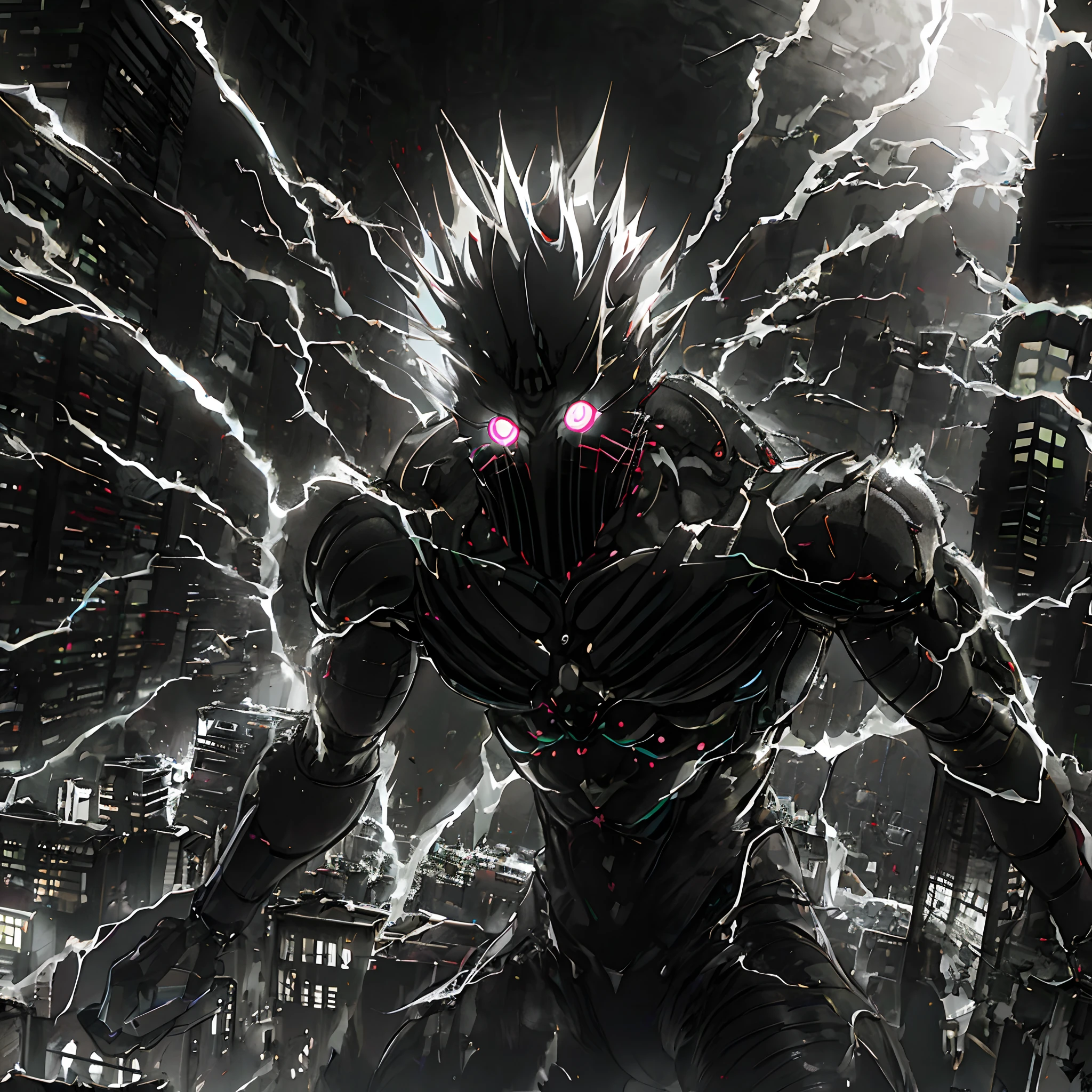 Anime humanoid monster, glowing eyes,eye glare, monochrome, close up shot, creating a crack in reality, powerful aura, destroyed city,dark,night,8k,64k, HD, unparalleled masterpiece, dynamic lighting, cinematic, Ambient lighting, epic