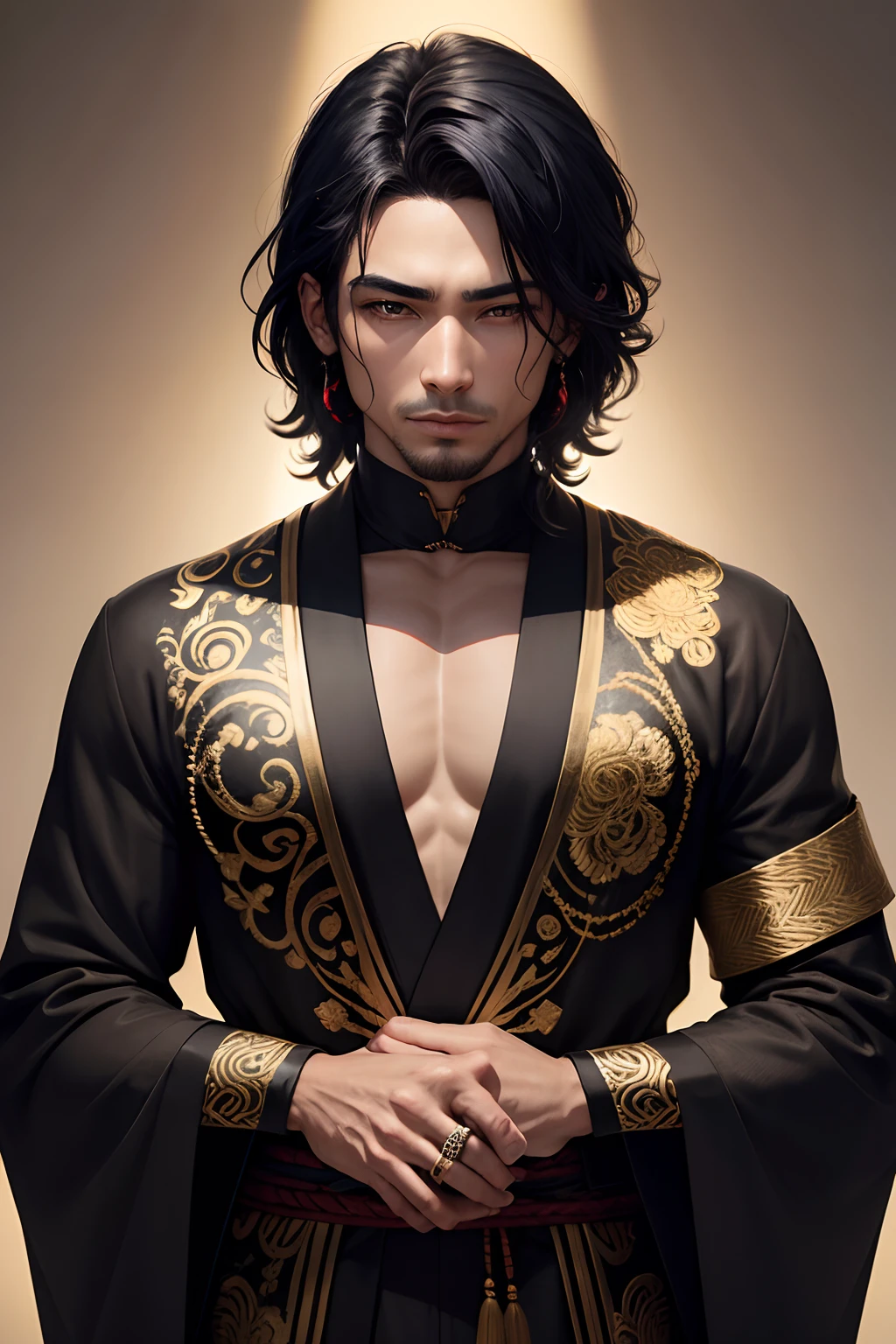 homem asiatico moreno, olhos roxos, olhos vibrantes, veste um kimono preto, cabelo negros desgrenhados, with gold rings, homem