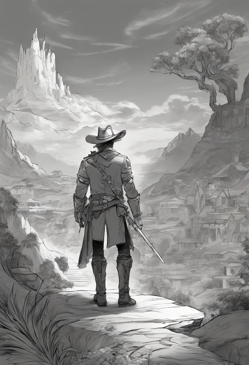 tiroteio em uma cidade cowboy, faroeste, homem atirando com revolver, cassas de madeiras ao fundo. preto e branco,tons de cinza,Graycale, monocromatic, estilo John Buscema, arte TEX,
