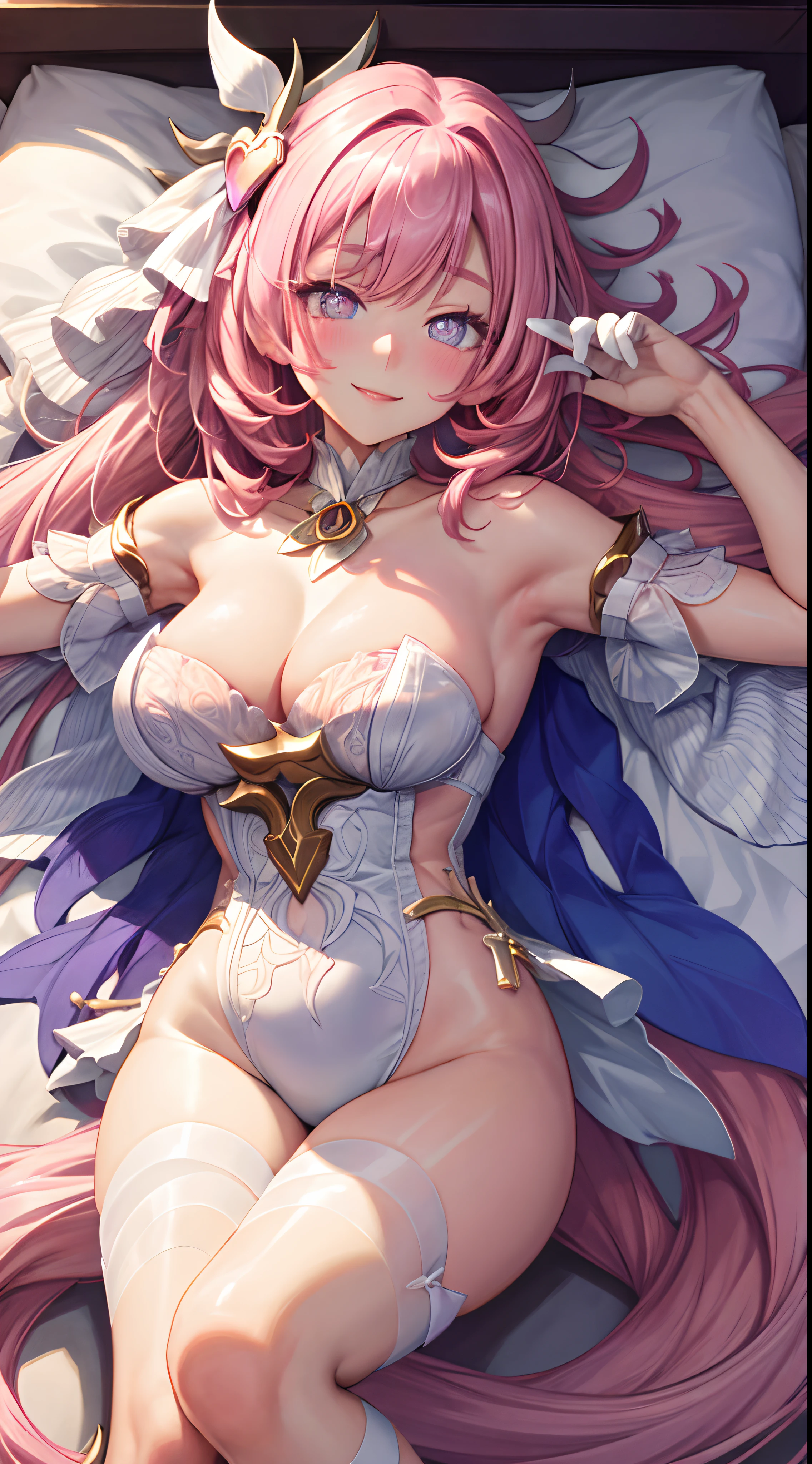 masterpiece, best quality, HD, 4K, Ultra-high resolution, Extreme Detail, Super detailed,beautiful eyes, beautiful hair, Beautiful side, beautiful skin,pink hair, pink eye, heart-shaped irises,eyes that emit pink light, big breasts, pink underwear, topless, lying on your back, leg shape, , arms in front spread armsarms, ahegao, blush,Charming smile,from the top down, Close-up, bed,  Look at the viewer