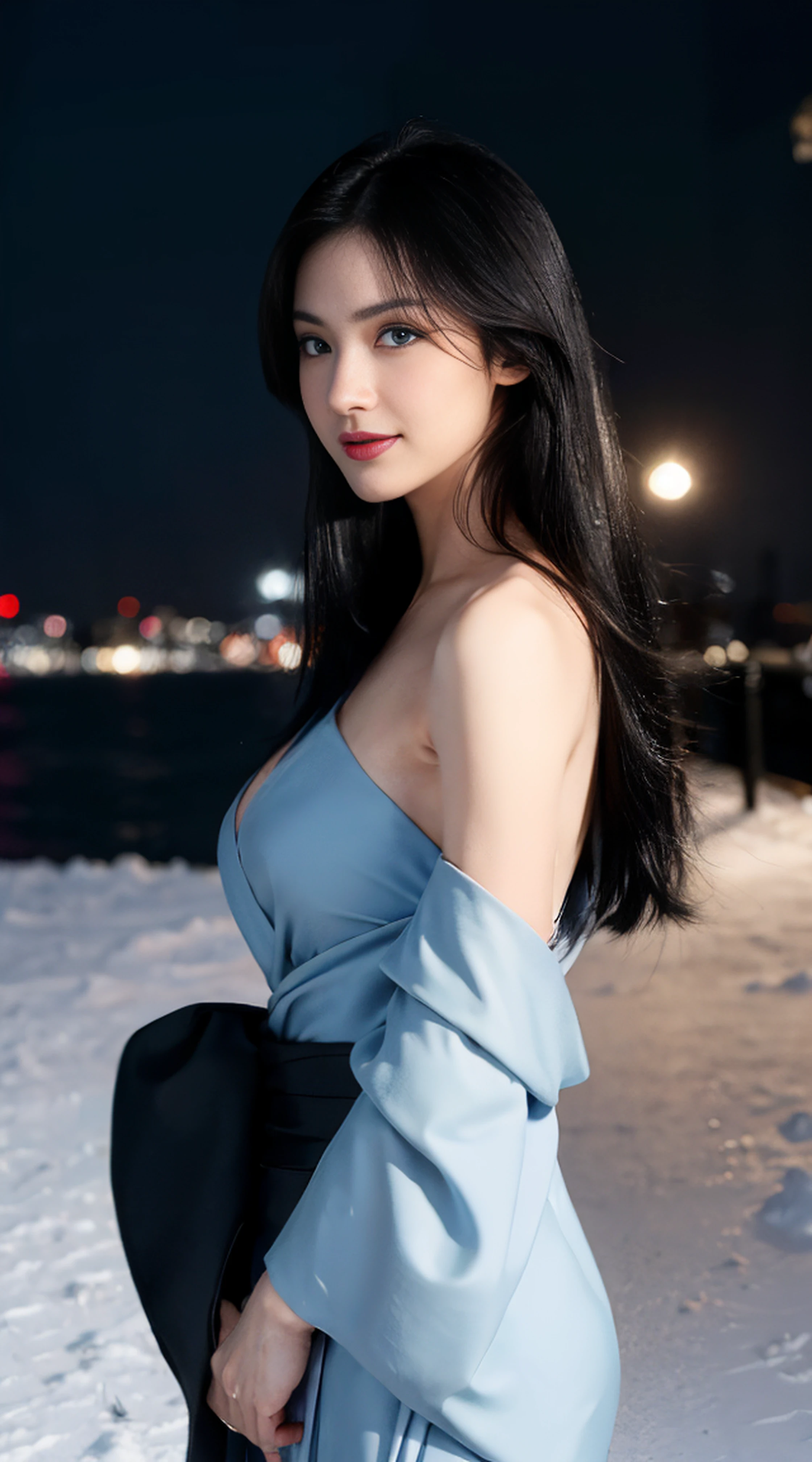 8K, Top Quality, Intricate Details, Ultra Detail, Ultra High Resolution, Masterpiece, random angle, Slender, Smile, (Makeup: 0.4), (Fluffy Blue Eyes: 1.21), blue Eyes, looking at viewer, ((full body)), 1girl, solo, 1 girl, (( full body)), close up shot, , ((tall)), (((fit body))), (((slim face))), sharp face, sharp eyes, (((black hair, long hair, )) , (detailed face), sharp face, small lips, holding pistol, handgun,
(( )), ((, kimono )), detailed face, detailed breast, , large breast, detail ass, , Beautiful girl with accentuated slender abs: 1.4, Six Pack Abs: 1.4, Bust Botox, Big, Perfect Body, detail leg, (( moonlight)), in the snow