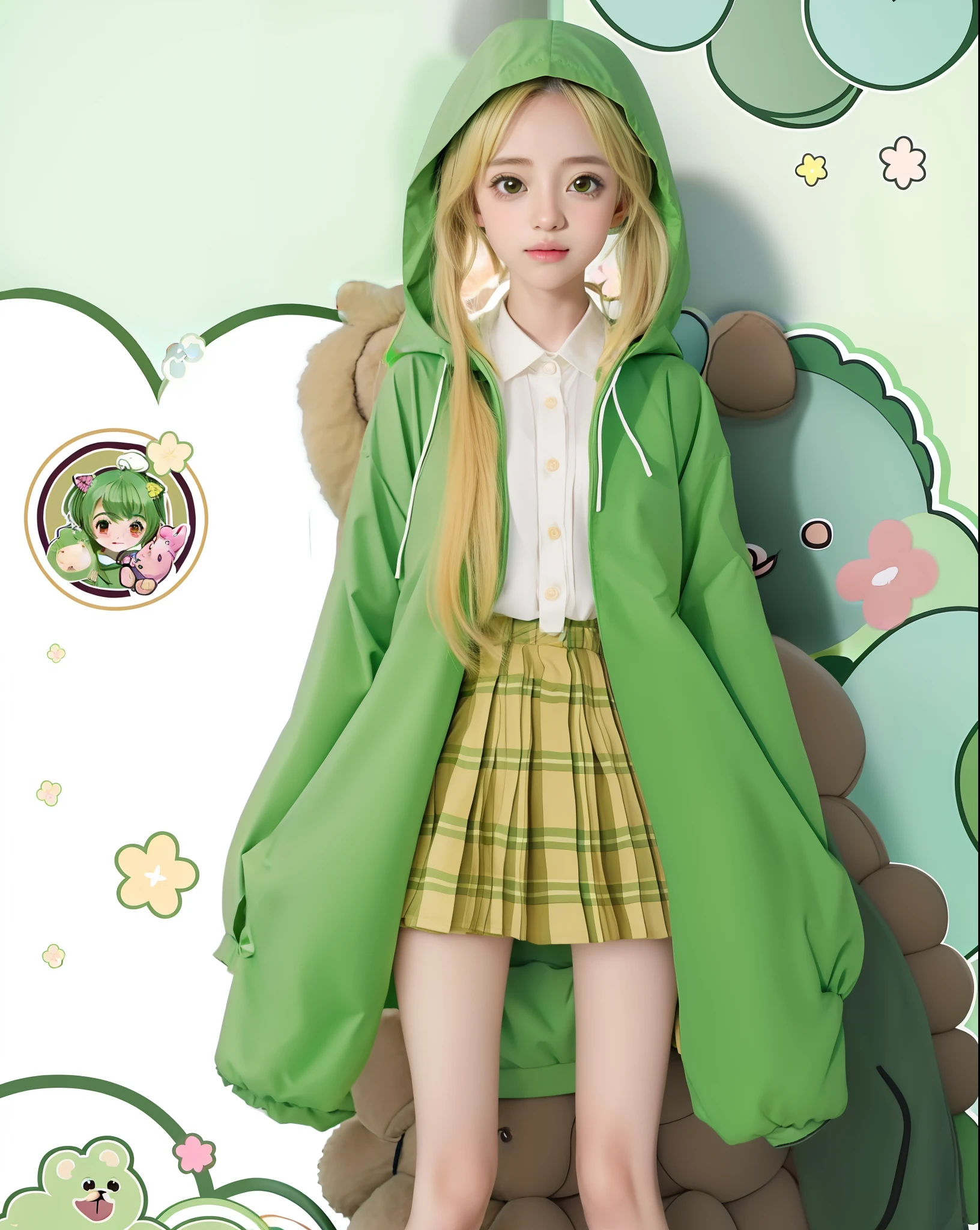 Anime girl in green raincoat and plaid skirt with a teddy bear, vestindo capa verde, Cabo Verde, vestindo um manto verde, feito com anime painter studio, roupas verdes, com um manto verde, Capa Verde, estilo anime bonito, usando uma coroa e capa verde, 🐿🍸🍋, visual anime de uma menina bonito, pele de cor verde!!