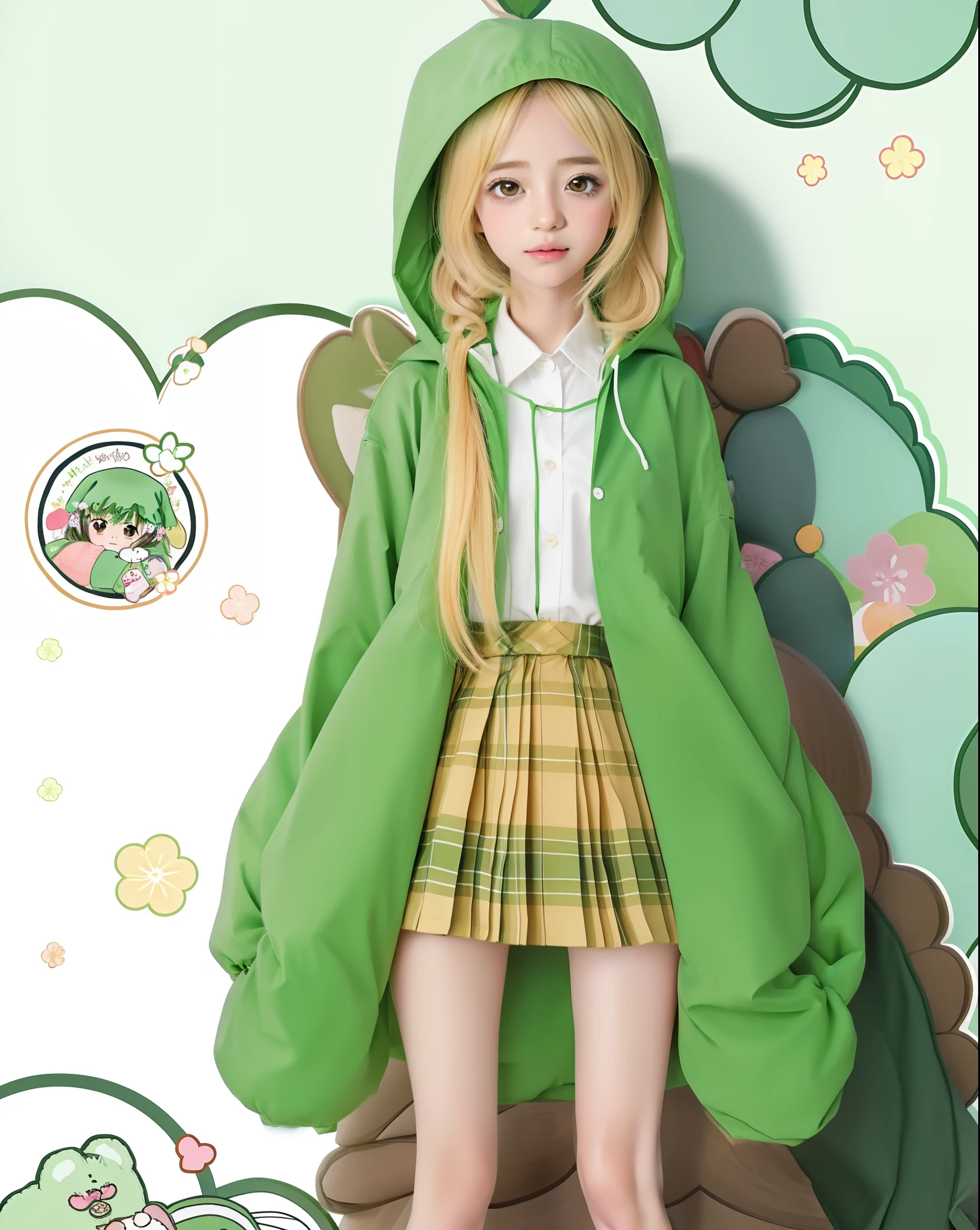 Anime girl in green raincoat and plaid skirt with a teddy bear, vestindo capa verde, Cabo Verde, vestindo um manto verde, feito com anime painter studio, roupas verdes, com um manto verde, Capa Verde, estilo anime bonito, usando uma coroa e capa verde, 🐿🍸🍋, visual anime de uma menina bonito, pele de cor verde!!