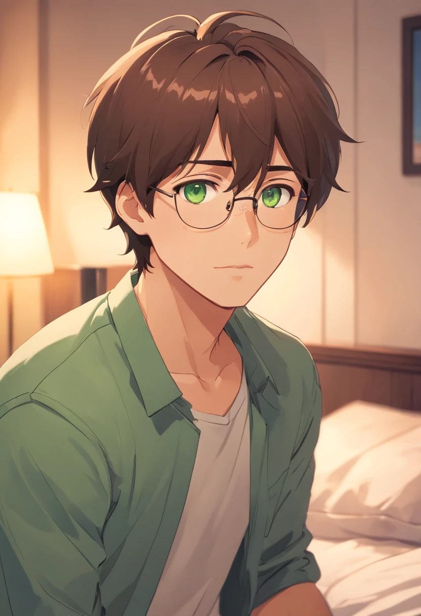 A man in his 20's with brown hair and green eyes. Medium tanned skin, lots of freckles, glasses. Fluffy dark brown hair, pierced ears. Strong looking. Wearing modern style clothes. In a bedroom. Shy expression. Masculine.