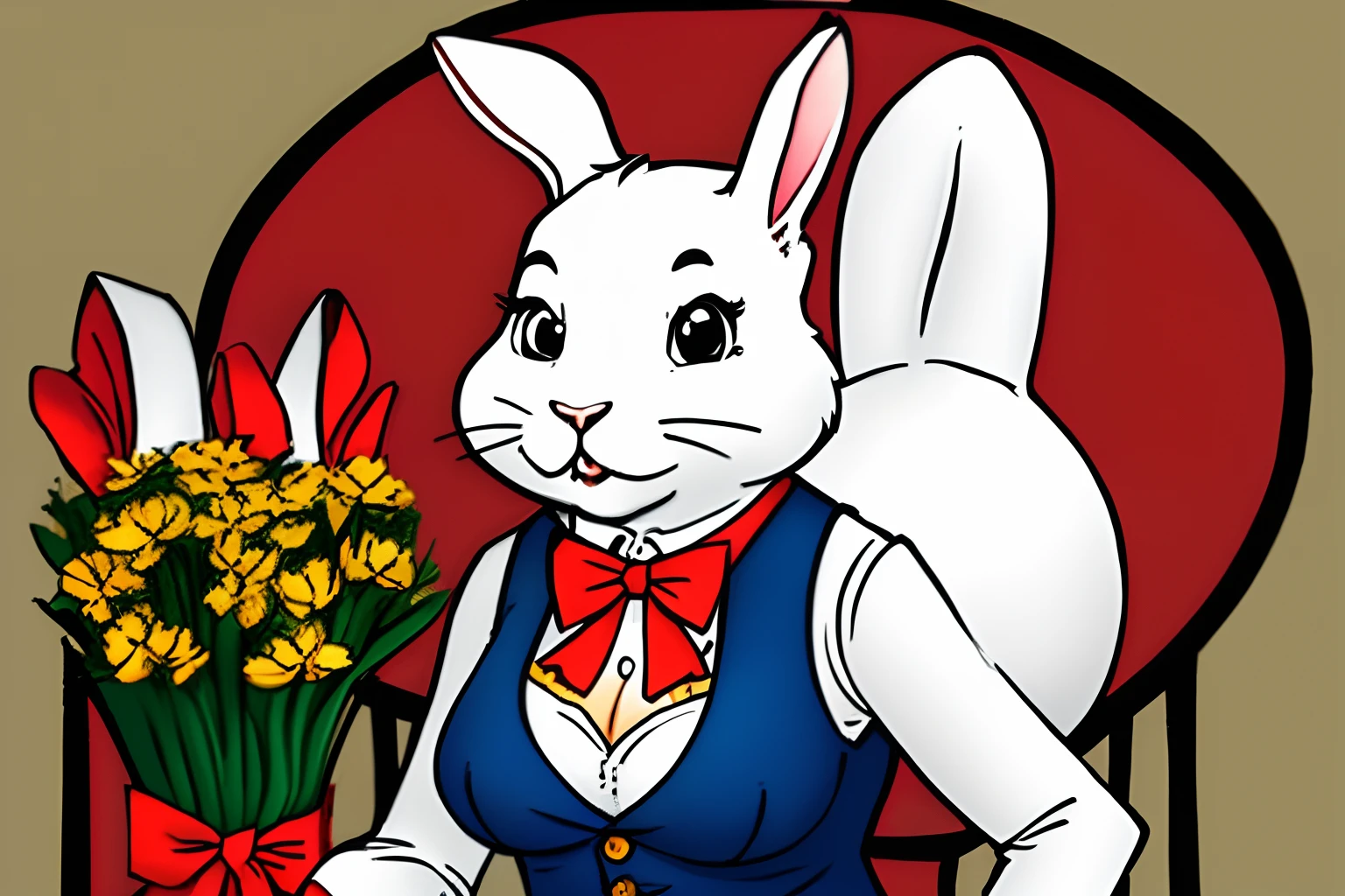 Cartoony anthro white bunny, C Cup breast size and red vest, black sleeves and red bowtie