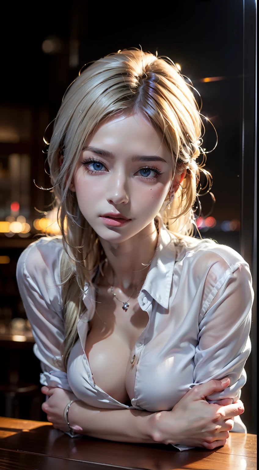 ((night, dark background)), ((A very cute woman gets naked in a nightclub)) ((at the bar)) cocktails, neon, drunk, ((wearing a white open silk shirt: 1.5.)). 4k, photography, masterpiece, best quality, dark gray background, ((1girl blue eyes and beautiful light blonde hair)). A beautiful white woman with big ass, soft medium breasts and white skin, varied poses. ((Large breasts:1.3)),((Very soft breasts)), Detailed eyes. in a bar. (touching yourself). (bare), (open button shirt), (transparent:1.2) (sfw), (), (sideways)