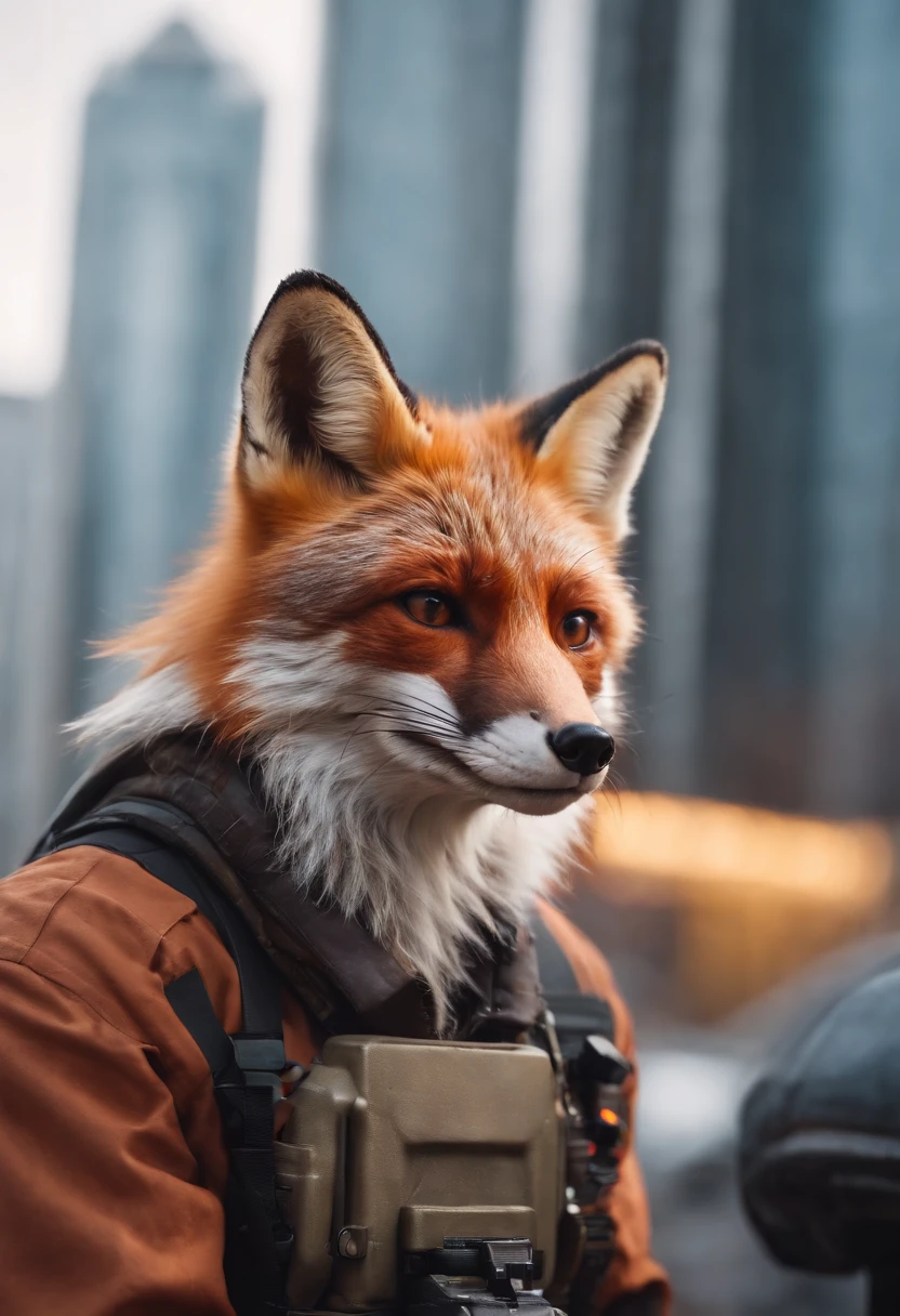 red fox, handsome body, Photo by Canon, Cyberpunk city, people, machinery, Cyborgs, arma