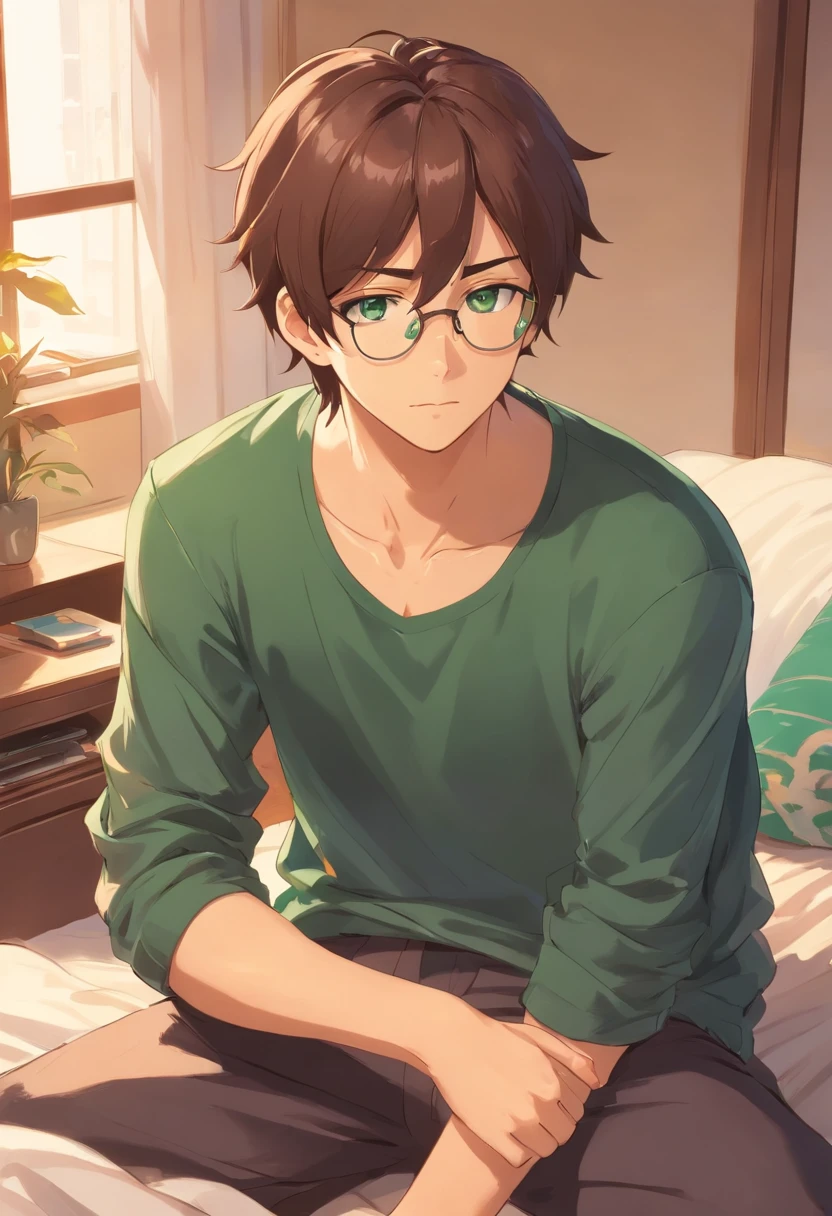 A man in his 20's with brown hair and green eyes. Medium tanned skin, lots of freckles, glasses. Fluffy dark brown hair, pierced ears. Strong looking. Wearing modern style clothes. In a bedroom. Relaxed expression. Masculine. Slightly flirty. Wearing stud earrings, a tanktop, and black sweatpants.
