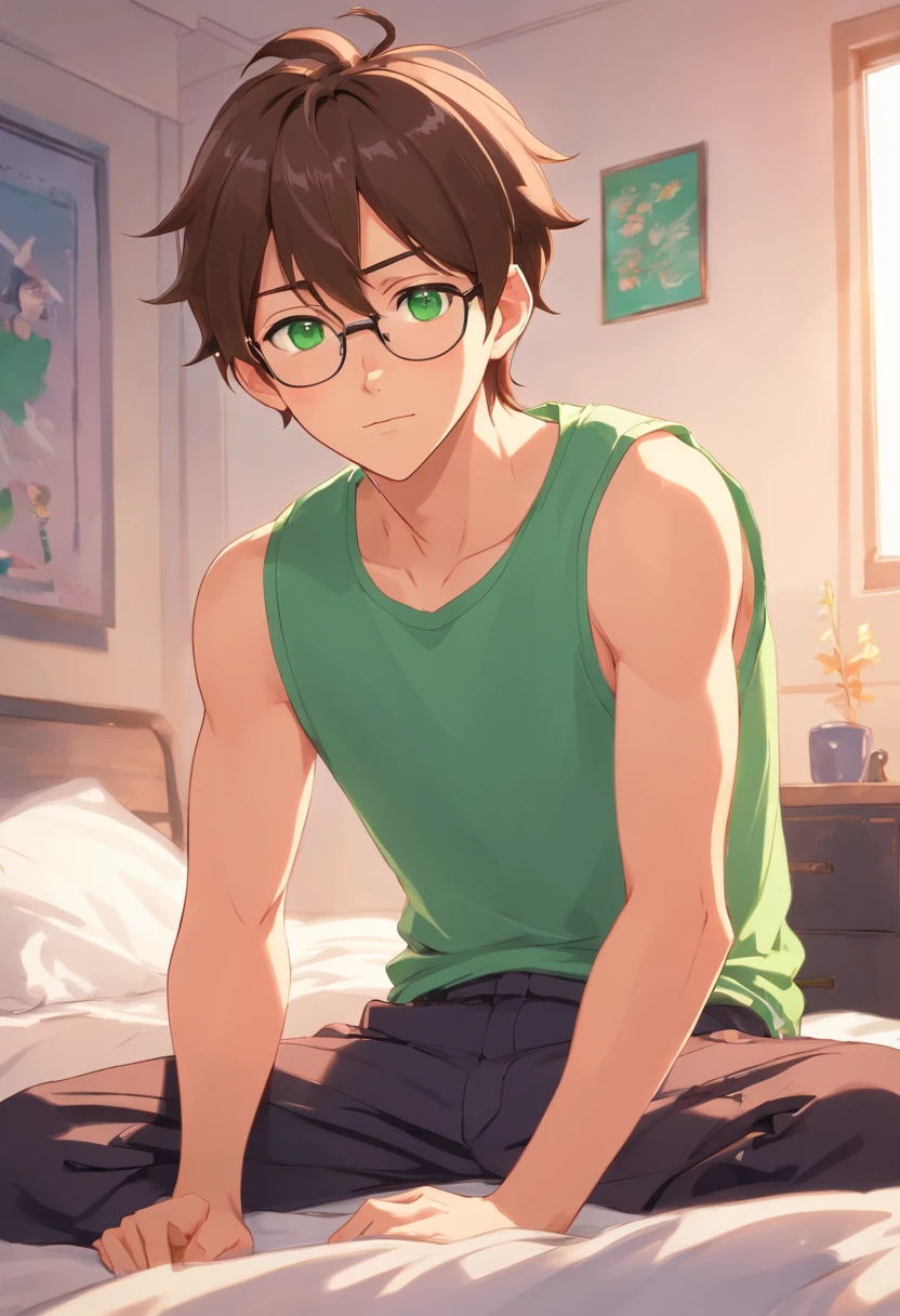 A man in his 20's with brown hair and green eyes. Medium tanned skin, lots of freckles, glasses. Fluffy dark brown hair, pierced ears. Strong looking. Wearing modern style clothes. In a bedroom. Relaxed expression. Masculine. Slightly flirty. Wearing stud earrings, a tanktop, and black sweatpants.