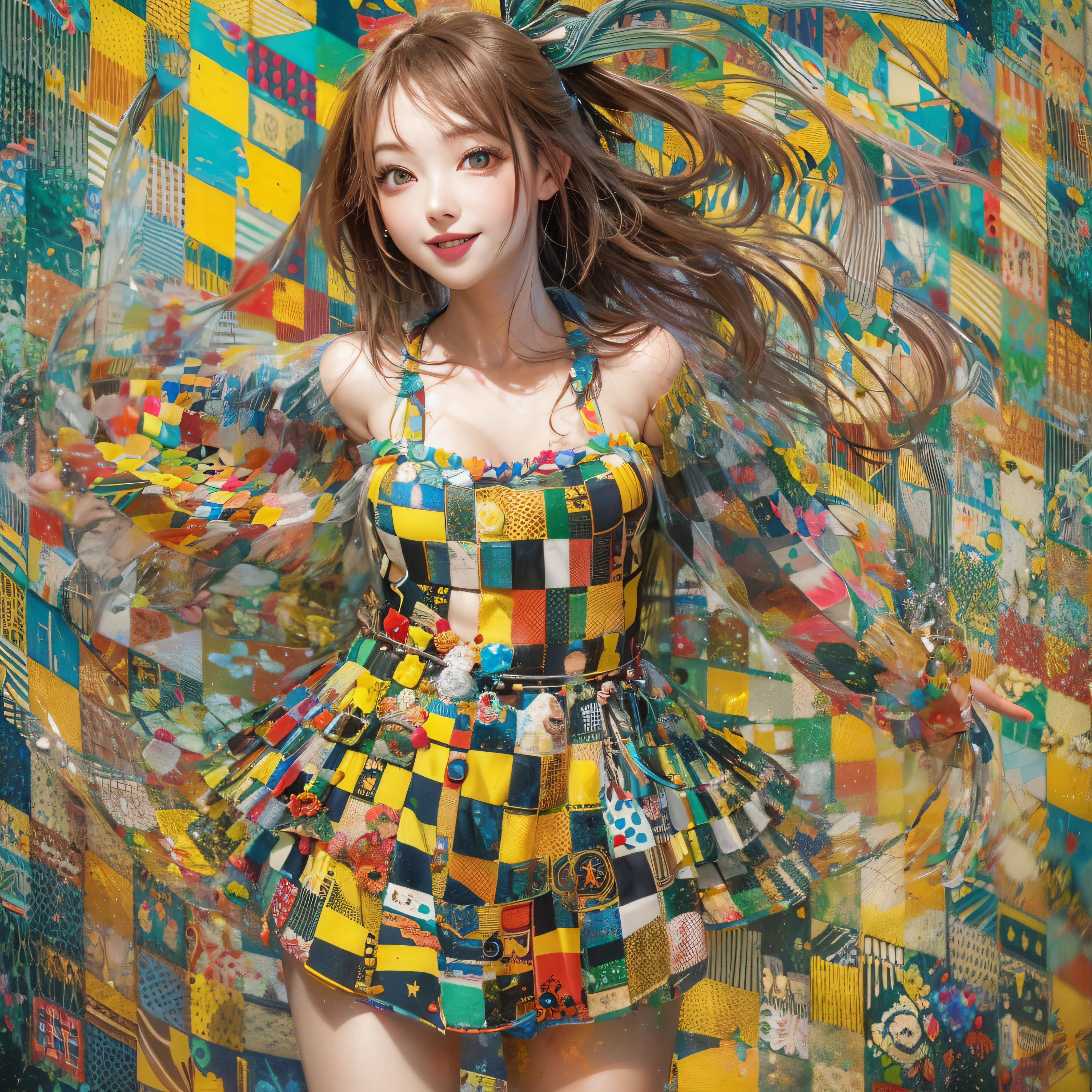 Checkered painting of the body、Close-up of laughing face、poneyTail、makeup、Glossy lips、Shining eyes、(realisitic、hight resolution)、(1 girl in)、Do-Up Eye、Korean Girl、(Best Quality), (masutepiece), (1girl in), Solo, a beauty girl, Perfect face, Highly detailed airbrush art((Surreal))、Volumetric lighting、(top-quality)、The ultra-detailliert、Highly detailed colorful details、(Bright lighting)、dynamic compositions、ultra-detailliert、nffsw、Her eyes are shining、Her face is full of anticipation and courage for adventure、A smile comes to her lips、An air full of smiles and adventurous spirit、Checkered painting of the body、