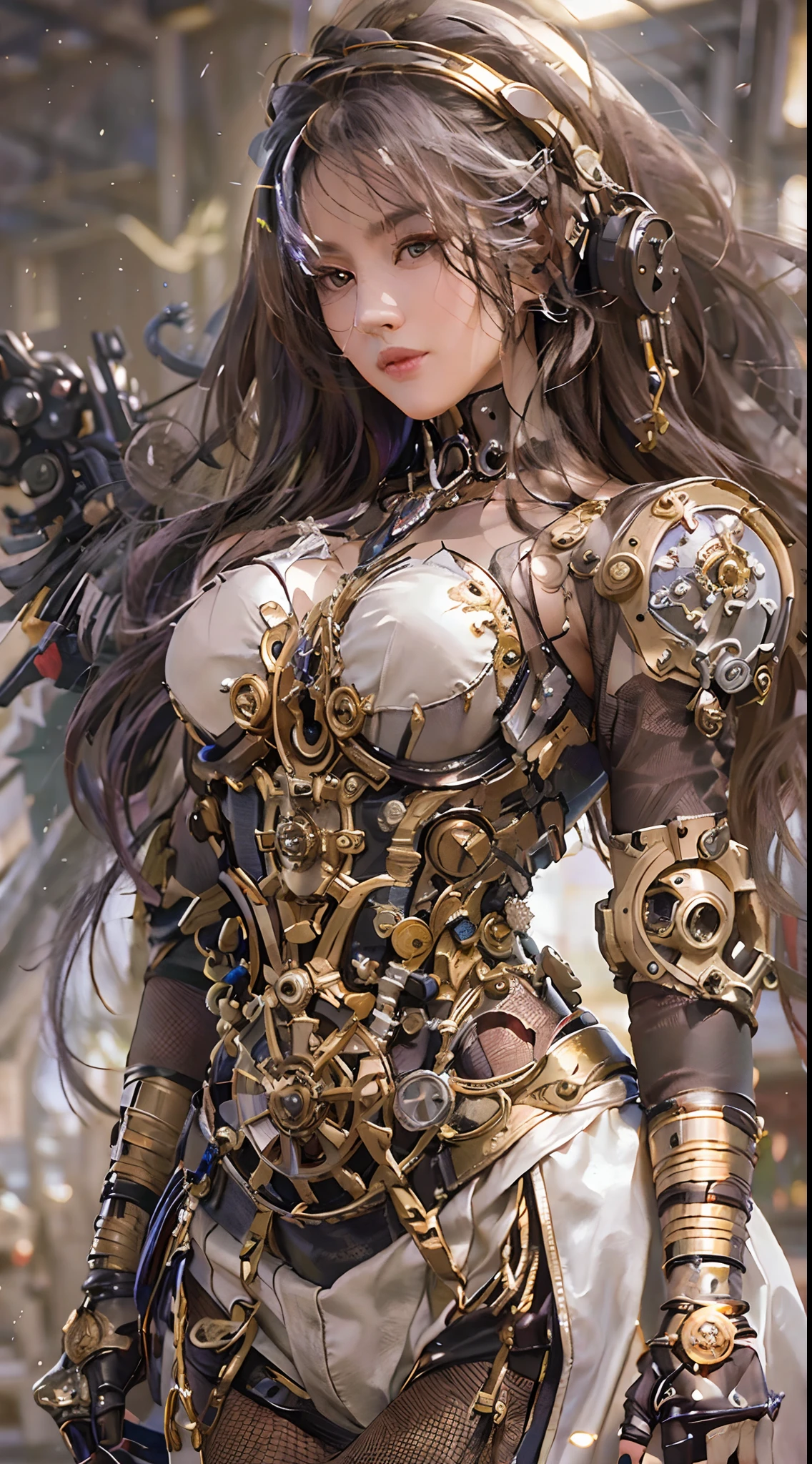 (Best quality,4K,A high resolution,Masterpiece:1.2),Ultra-detailed,(Realistic:1.37) Girl with mechanical parts,steampunk wind,Delicate clockwork details,Brass gears and gears,Beautiful and intricate design,(Mechanical wings),Glowing eyes and glowing tattoos,Gorgeous metal corsets and skirts,Elegant and elegant gesture,Industrial background with smoky atmosphere,Soft warm lighting,Vintage color palette,The human body and mechanical elements are perfectly integrated