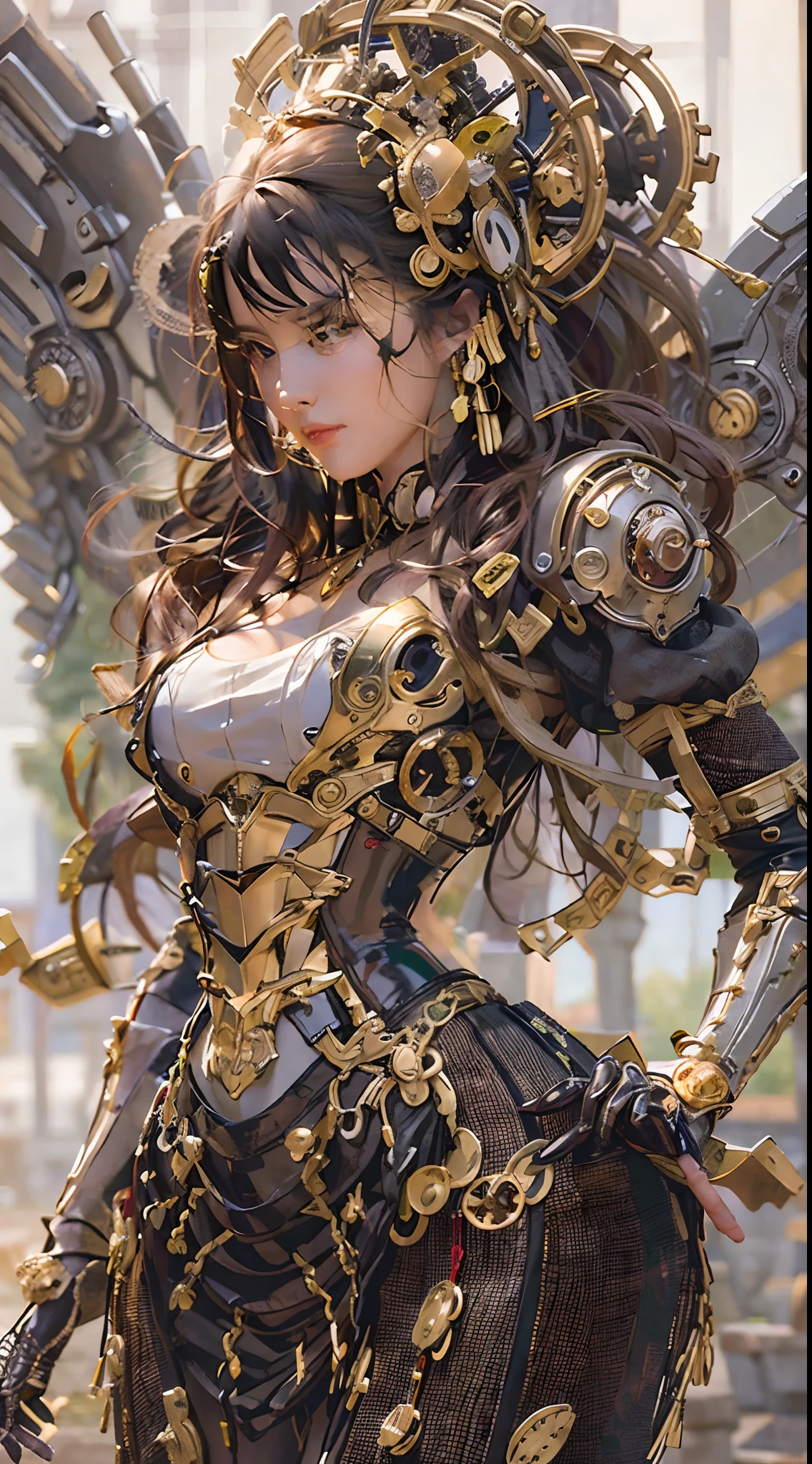 (Best quality,4K,A high resolution,Masterpiece:1.2),Ultra-detailed,(Realistic:1.37) Girl with mechanical parts,steampunk wind,Delicate clockwork details,Brass gears and gears,Beautiful and intricate design,(Mechanical wings),Glowing eyes and glowing tattoos,Gorgeous metal corsets and skirts,Elegant and elegant gesture,Industrial background with smoky atmosphere,Soft warm lighting,Vintage color palette,The human body and mechanical elements are perfectly integrated