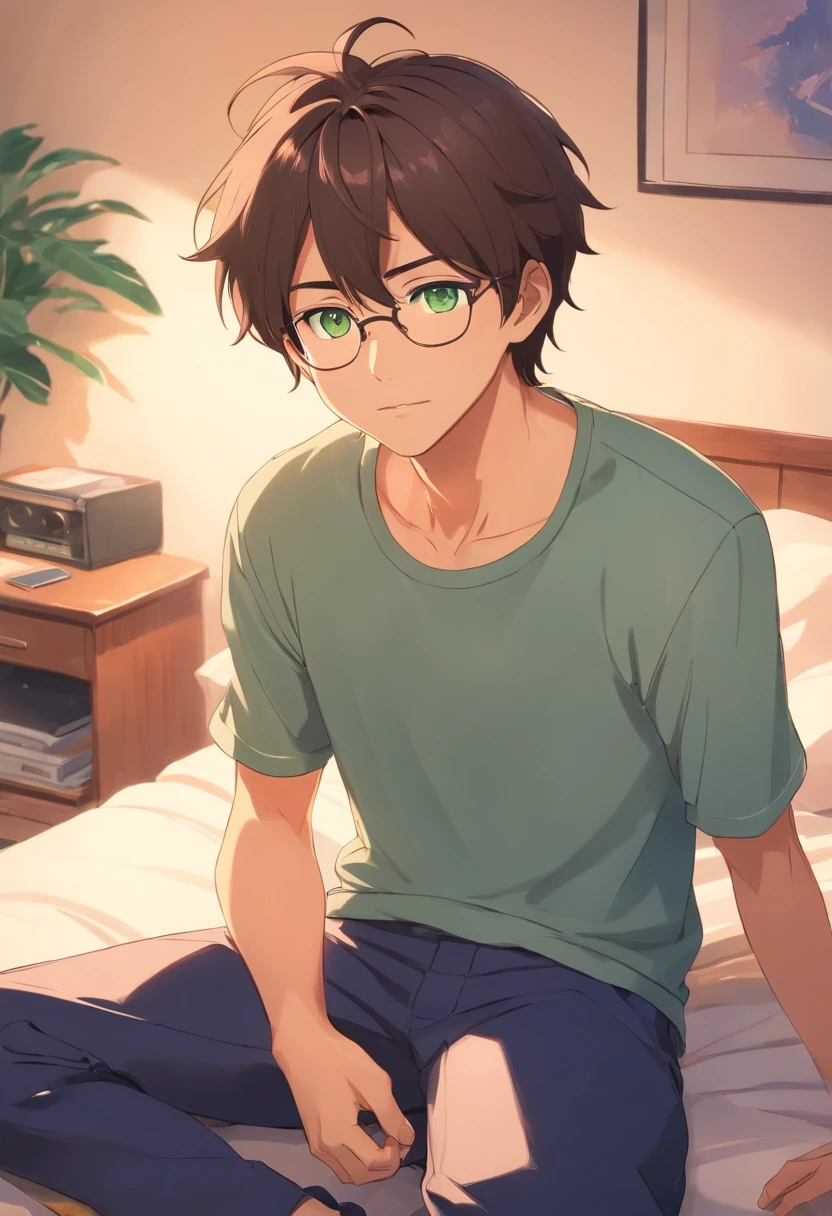 A man in his 20's with brown hair and green eyes. Medium tanned skin, lots of freckles, glasses. Fluffy dark brown hair, pierced ears. Strong looking. Wearing modern style clothes. In a bedroom. Relaxed expression. Masculine. Slightly flirty. Wearing stud earrings, a grey tanktop, and black sweatpants.