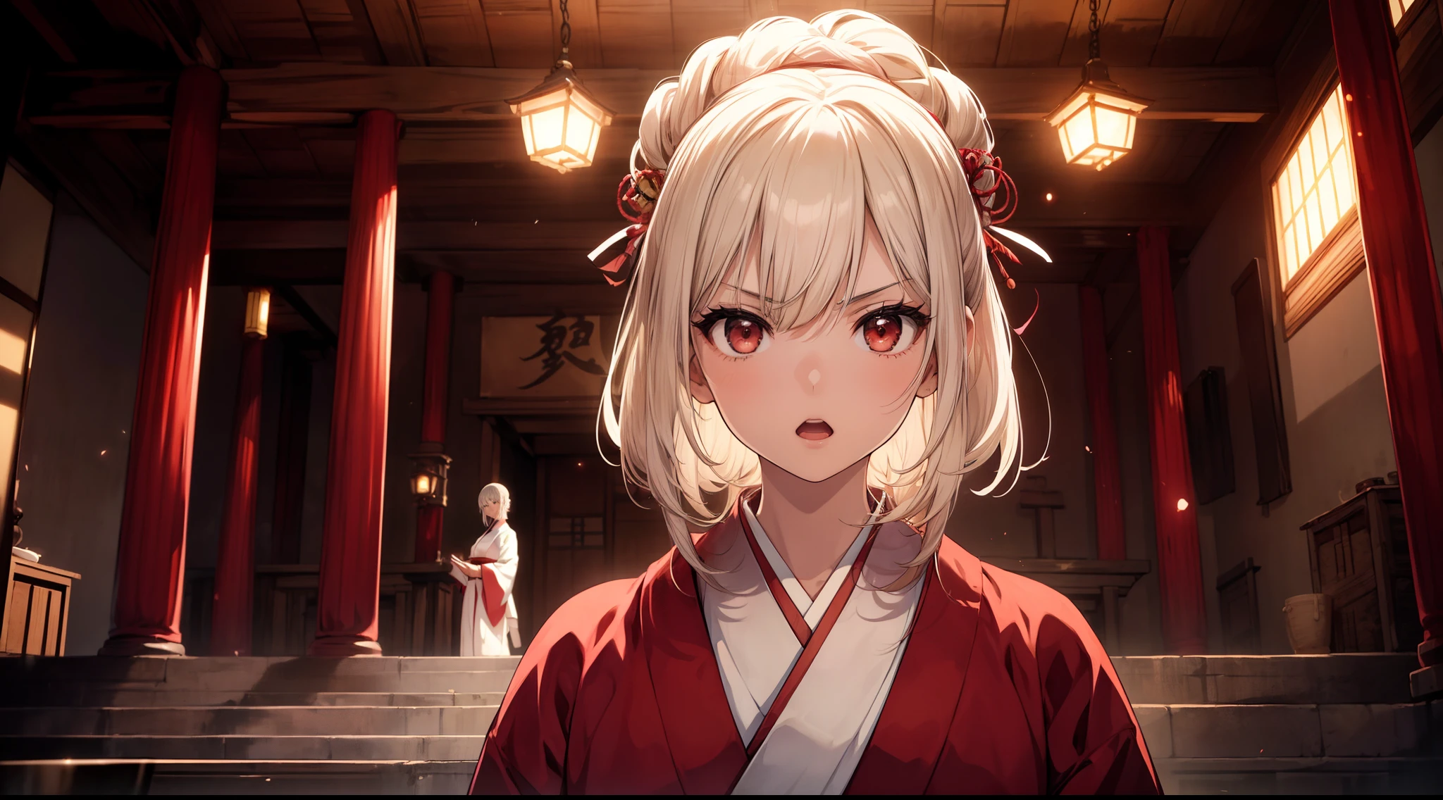 1 girl, monk ,japanese robe, kekasa, (close to viewer),portrait ,(front ),open mouth , serious face, background night temple,high resolution,(incredibly absurdres), (hires.fix:1.3),anime visual,extremely detailed CG unity 8k wallpaper, ((masterpiece)), ((top-quality)), (beautiful illustration), ((an extremely delicate and beautiful))