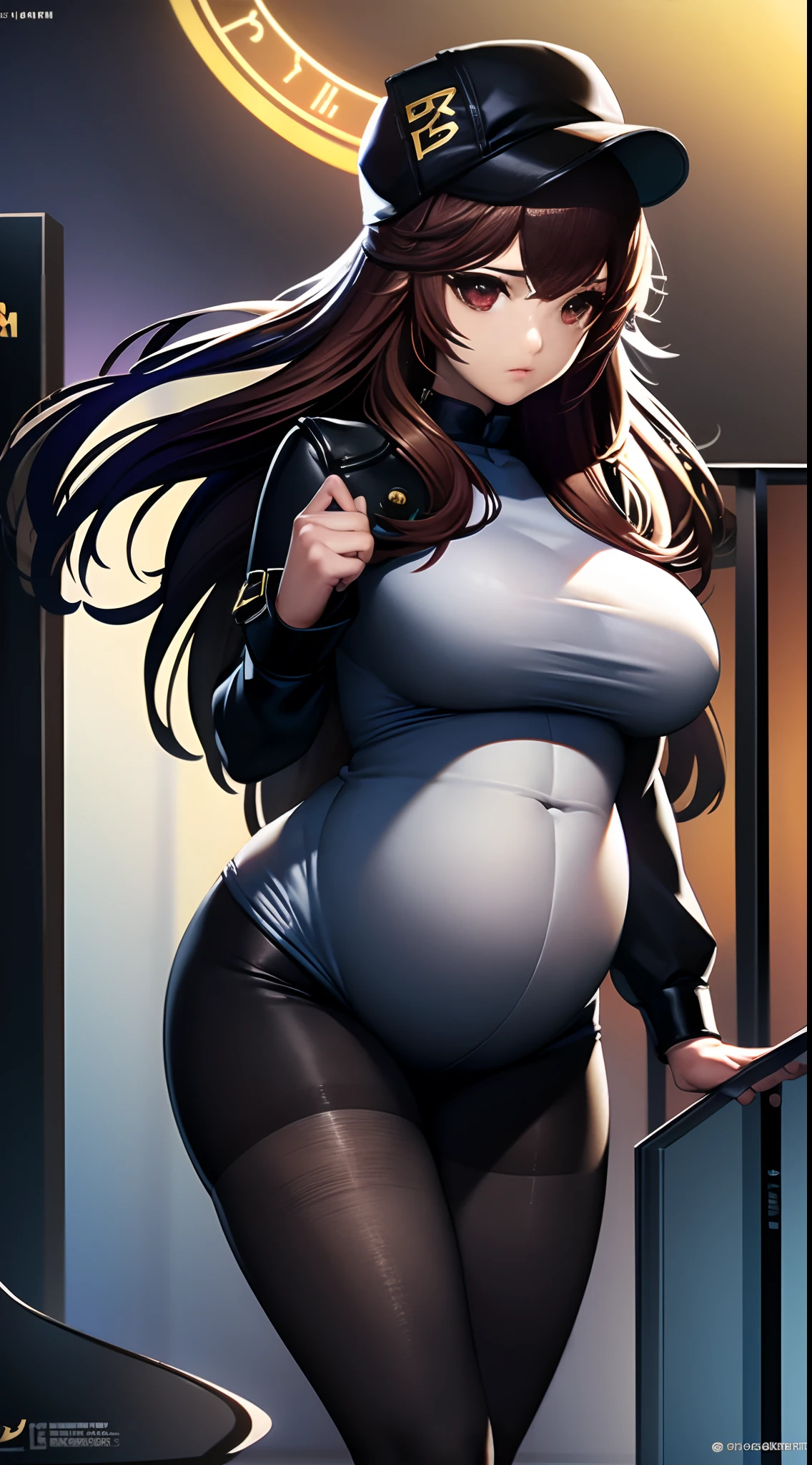 Supermodel physique, Perfect body, Perfectly clear skin, hyper realisitc, ultra-realistic realism, realisticlying, hyper qualit, tmasterpiece, high high quality, big breasts beautiful, sensual face, prette, Slightly toned, fit body, Supermodel figure, 3/4 Body view, Sexy waist, Sexy buttocks, with perfect legs, thigh gap, facing at camera, 1girll, 独奏, lacepantyhose, bonnet,Hair,pendulum, lacepantyhose, black colored leggings, Black stockings,Pregnant belly, Maternity wear,Maternity wear,Pregnant belly,Pregnant belly