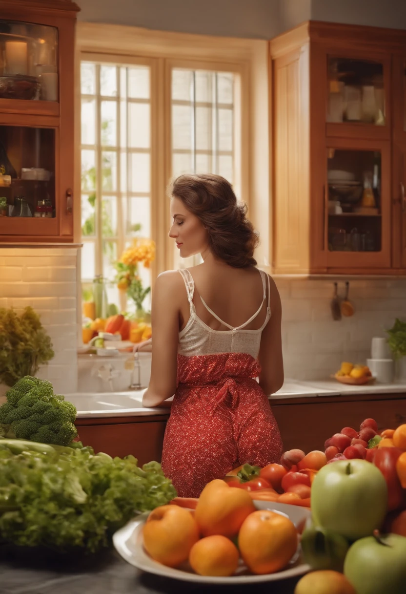 European woman,Bright kitchen,Lots of fruits and vegetables , back pose , wearing sexy pijama , Sarilan is fat for height