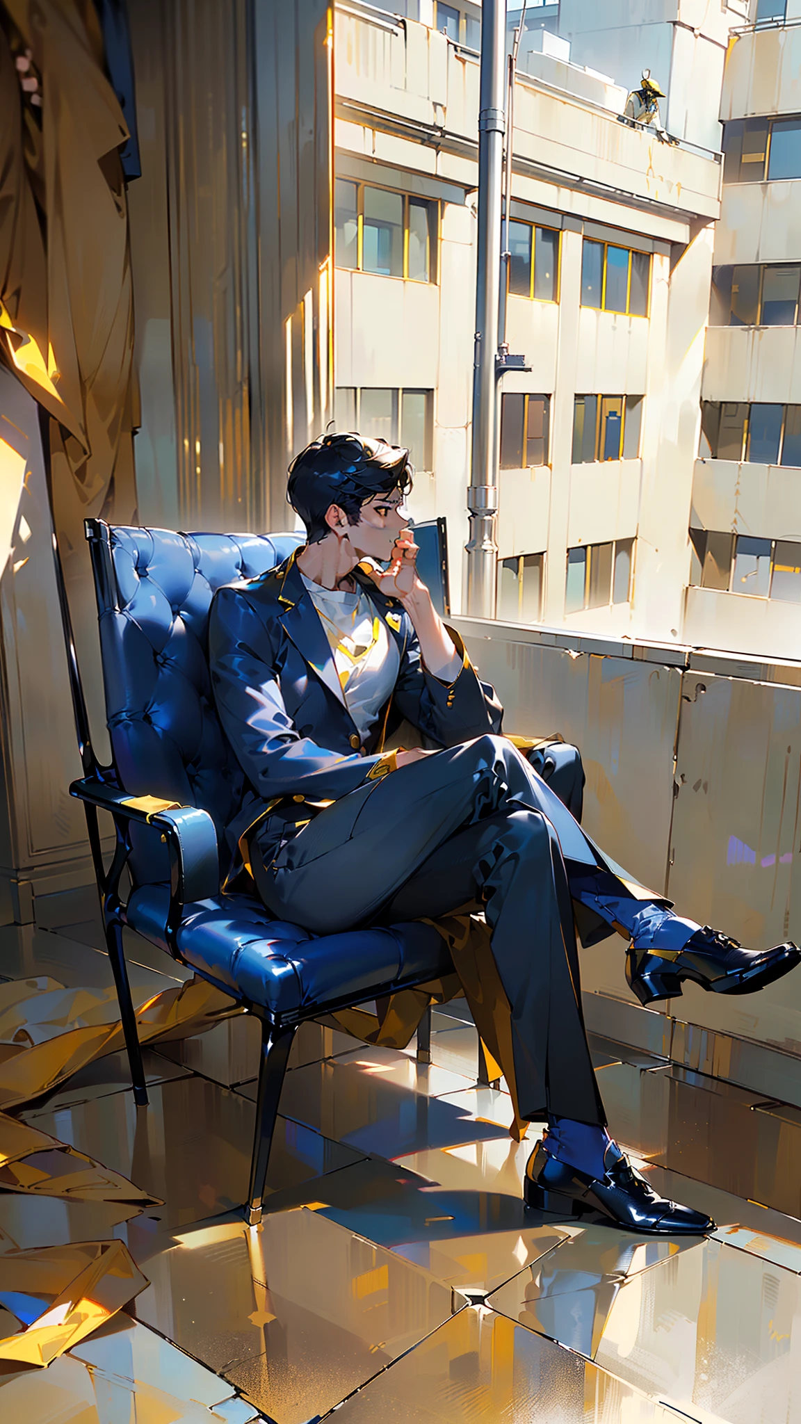 masterpiece, best quality, ultra realistic, photorealistic, high quality, human, handsome male, (((solo))), (male focus), mature, (black short hair), slim, ((yellow pupils)), front view, (clothing, (topwear: (( navy suit), (white t-shirt)), bottomwear:(pants: navy), sitting, detailed clothing, tall, smiling, mafia, (detailed background),reading book