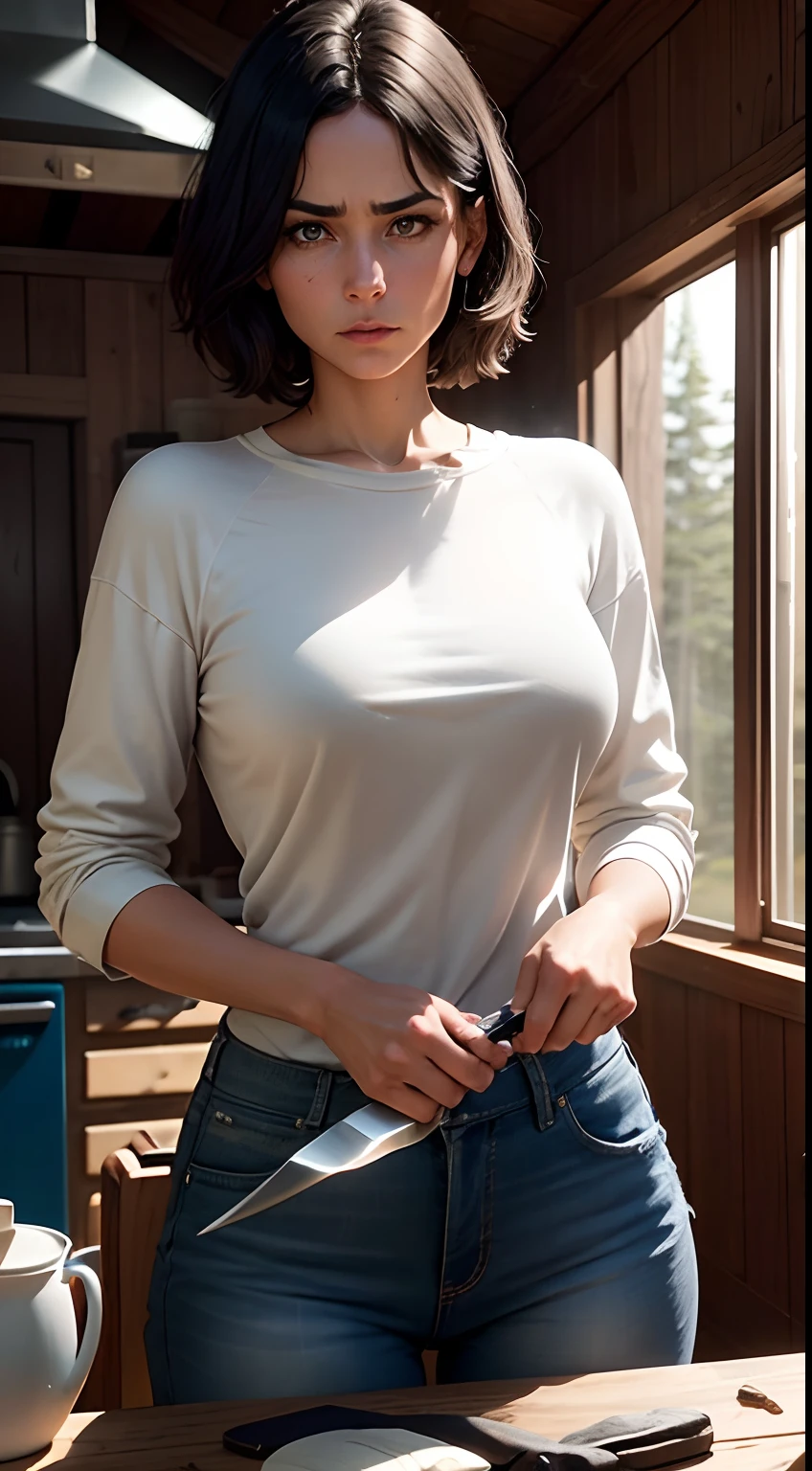 Generate an image that depicts the scene where Ana, the woman with an athletic build, short black hair, blue eyes, wearing a white shirt and blue jeans, suddenly had an idea. She rushed to the kitchen and grabbed a knife. Ana is now standing, facing the tall, dark figure at the cabin door. The cabin's interior should maintain a dark and eerie style, with old and rustic furnishings. Ana holds the knife with determination, ready to confront the figure. Ensure that the image conveys the tension and Ana's readiness for the confrontation