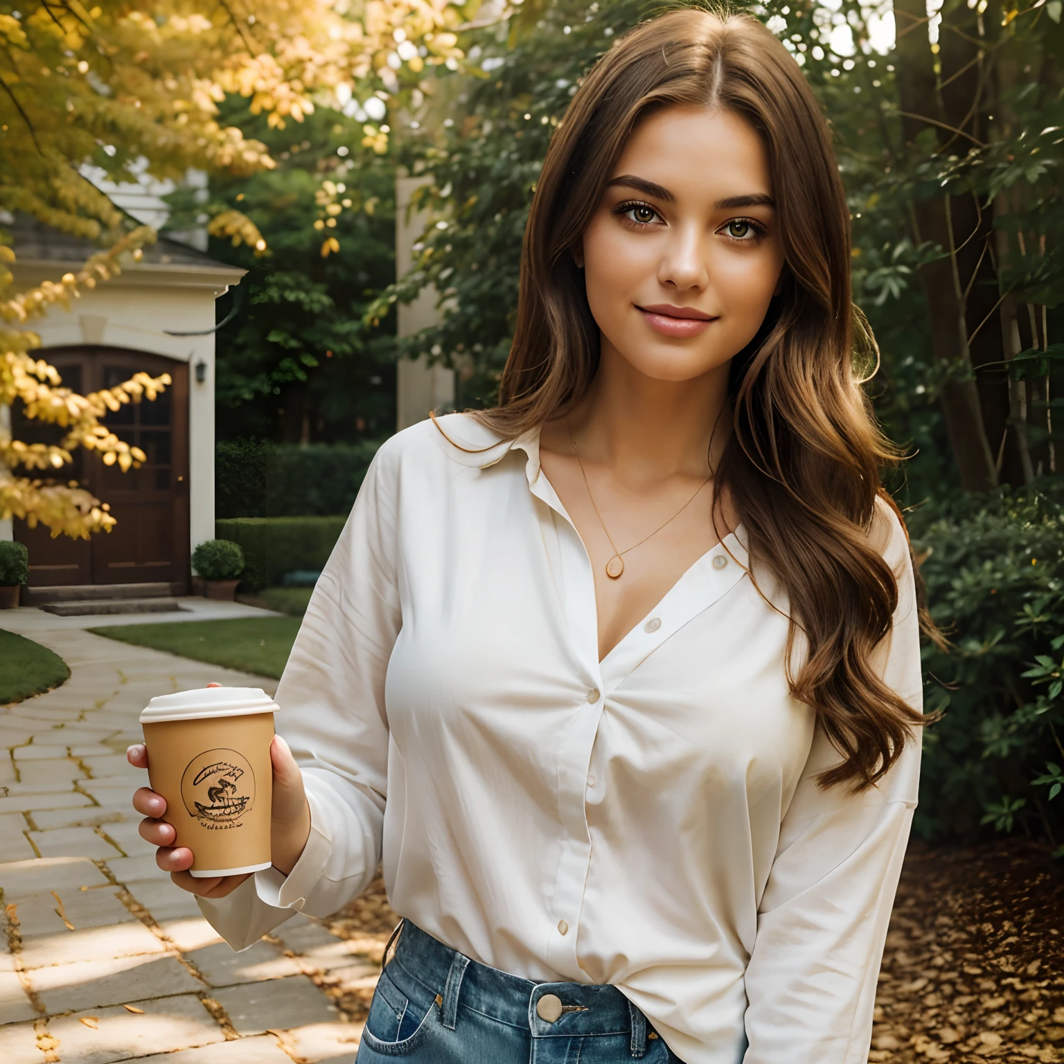 Full body photography of Autumn, the stunning brunette influencer. She should appear in her mid-20s with long, wavy chestnut hair that falls gracefully on her shoulders. She has an athletic hourglass figure accentuated by her full bust. Her complexion should be flawless, with a warm, sun-kissed tan. Autumn's expressive brown eyes should radiate charisma, and she should have a relaxed and confident demeanor. Autumn's debut post is a captivating introduction to her online presence. She stands in a soft, natural light, radiating warmth and authenticity. Her attire is casual chic, featuring a loose-fitting, white linen blouse paired with high-waisted, vintage denim jeans. Autumn's long, wavy chestnut hair falls gracefully around her shoulders.The background is a serene, sun-dappled garden, with blooming flowers and lush greenery. It exudes tranquility and complements her approachable demeanor.Autumn's pose is friendly and inviting. She stands with one hand casually in her pocket, her other hand holding a cup of steaming coffee. Her genuine smile and welcoming gaze create an instant connection with her audience. The post exudes a sense of authenticity and charm, setting the tone for her online presence as a relatable influencer. Intense look and makeup, symmetrical eyes, symmetrical face, photorealistic, photography, path tracing, specular lighting, volumetric face light, path traced hair, visible shadows, intricate, elaborate, hyper realistic