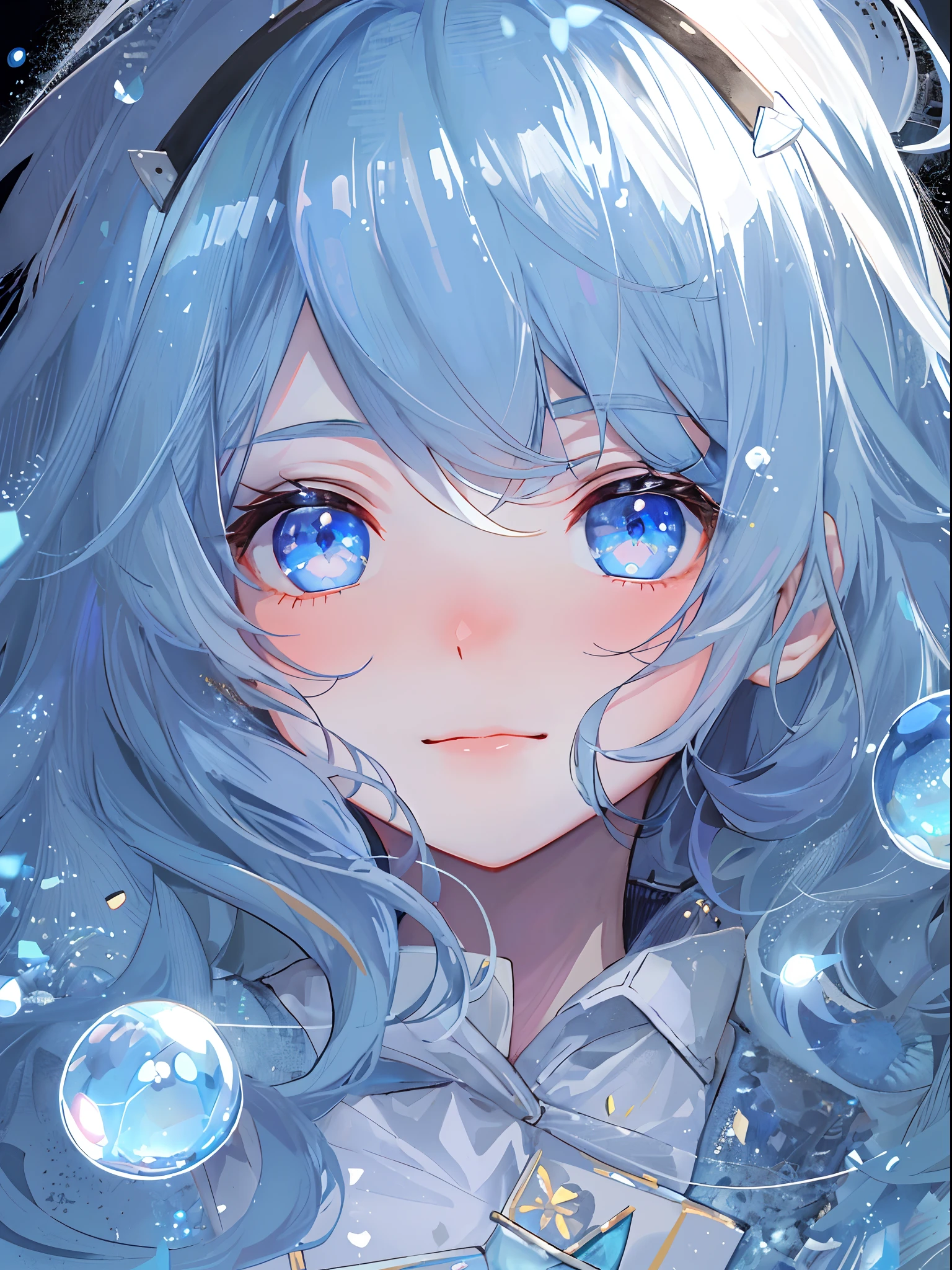 ((top-quality)), ((masterpiece)), ((ultra-detailliert)), (extremely delicate and beautiful), girl with, 独奏, cold attitude,((Black jacket)),She is very(relax)with the(Settled down)Looks,A dark-haired, depth of fields,evil smile,Bubble, under the water, Air bubble,bright light blue eyes,Inner color with light white hair and and light blue tips,Cold background,Bob Hair - Linear Art, shortpants、knee high socks、White uniform like school uniform、Light blue ribbon ties、Clothes are sheer、Hands in pockets、Bright eyes like sapphires,flourescent blue, There was a little blue light floating around、Upper eyes、