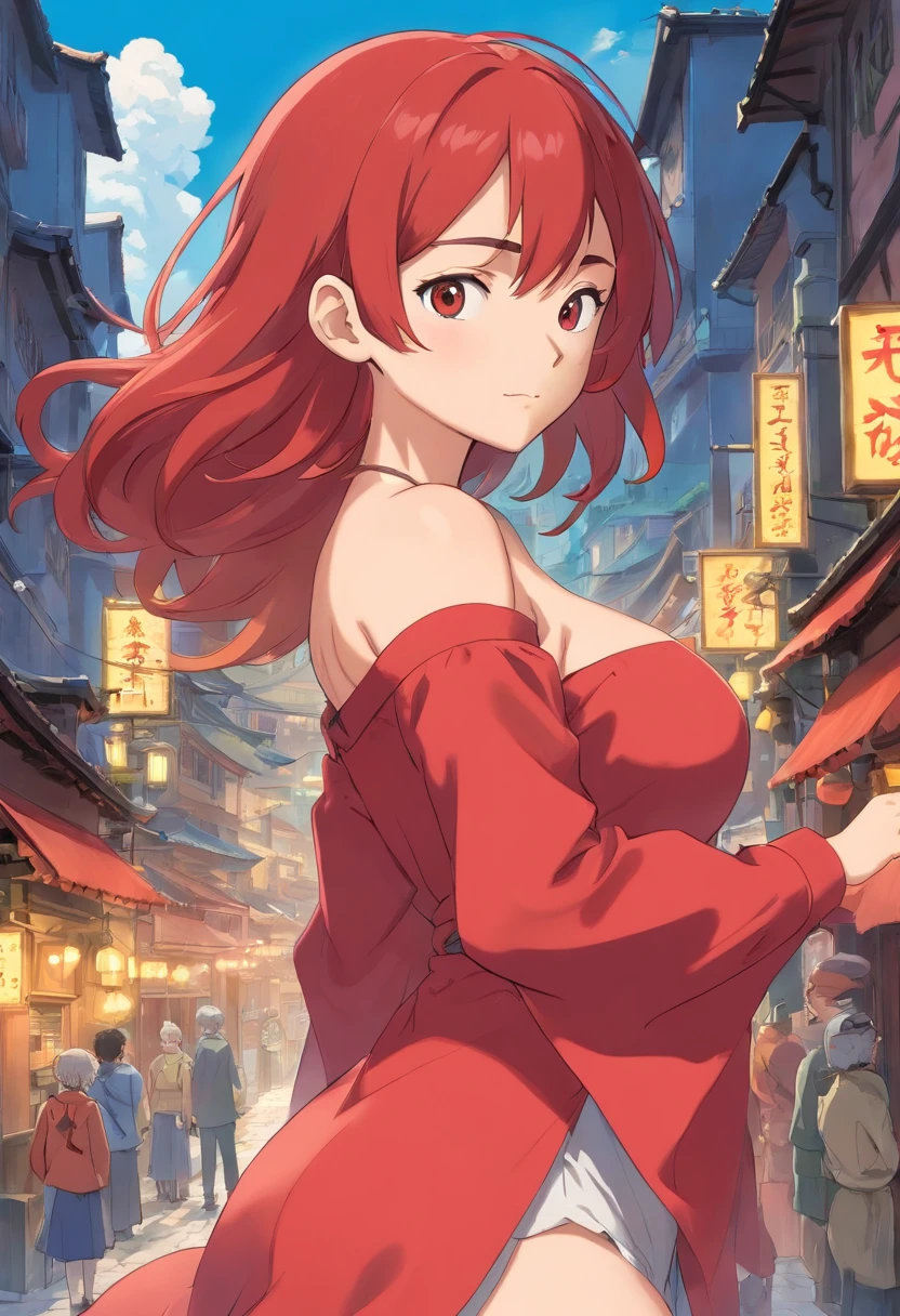 one-girl，Red clothes，Off-the-shoulder attire，Red hair，Huge breasts，cleavage，，fire and ice，火焰，magma，the street，neonlight，Open navel