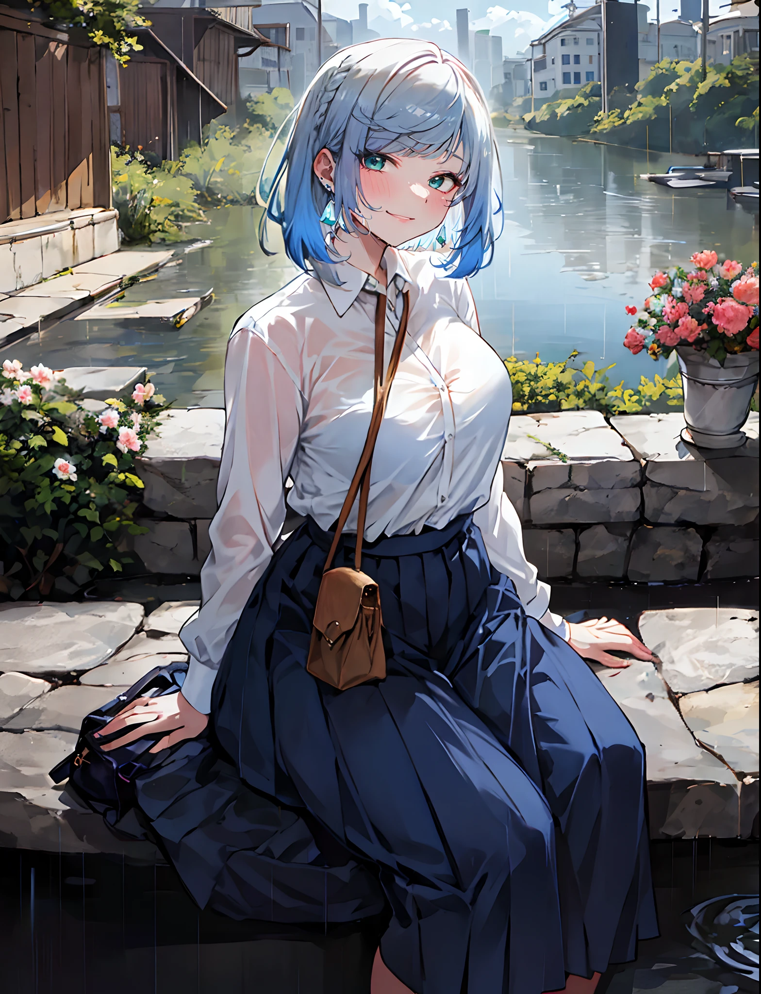 yelan_genshin, (blue hair:1.4), multicolored hair, short hair, green eyes, (plump:1.2), breast press, long_skirt, 1girl, sitting, skirt, see-through, breasts, solo, large_breasts, looking_at_viewer, rain, long_sleeves, shirt, bra_through_clothes, blue_skirt, blush,  outdoors, long_hair, high-waist_skirt, earrings, jewelry, stairs, white_shirt, bangs, flower, collared_shirt, lips, bag