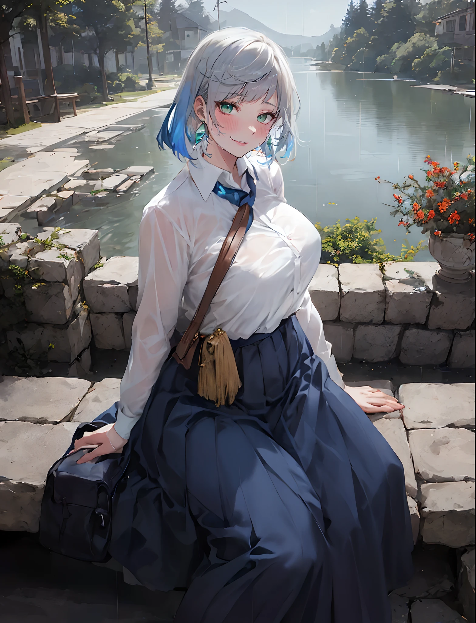 yelan_genshin, (blue hair:1.4), multicolored hair, short hair, green eyes, (plump:1.2), breast press, long_skirt, 1girl, sitting, skirt, see-through, breasts, solo, large_breasts, looking_at_viewer, rain, long_sleeves, shirt, bra_through_clothes, blue_skirt, blush,  outdoors, long_hair, high-waist_skirt, earrings, jewelry, stairs, white_shirt, bangs, flower, collared_shirt, lips, bag