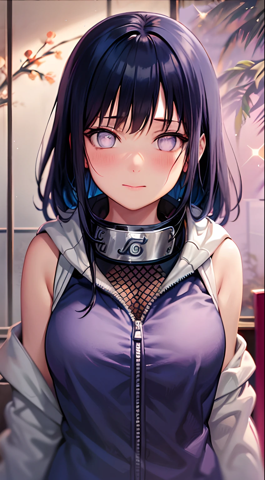 Masterpiece, High definition, High quality, Detailed face, detailed body render, 1girll, Solo,  Hinata sleeveless clothing,Room,, Sleeveless shirt,( fishing net garment),  Unzip the jacket,  standing, Blush, (in a  bedroom) hyuga hyuga， flirt， glittery， Ray traching， degrees of freedom， hdr， Gradient eyes， Sharp lashes，  mascara， detail_face， eyeslashes， shinny hair，（（A high resolution））， （（8k wallpaper）），Konoha logo on the neck