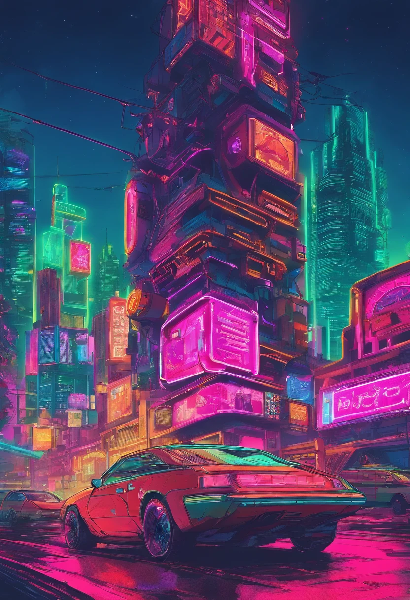 Neon Street、meticulous、jumbled、cyberpunked、retro、landscapes、natta