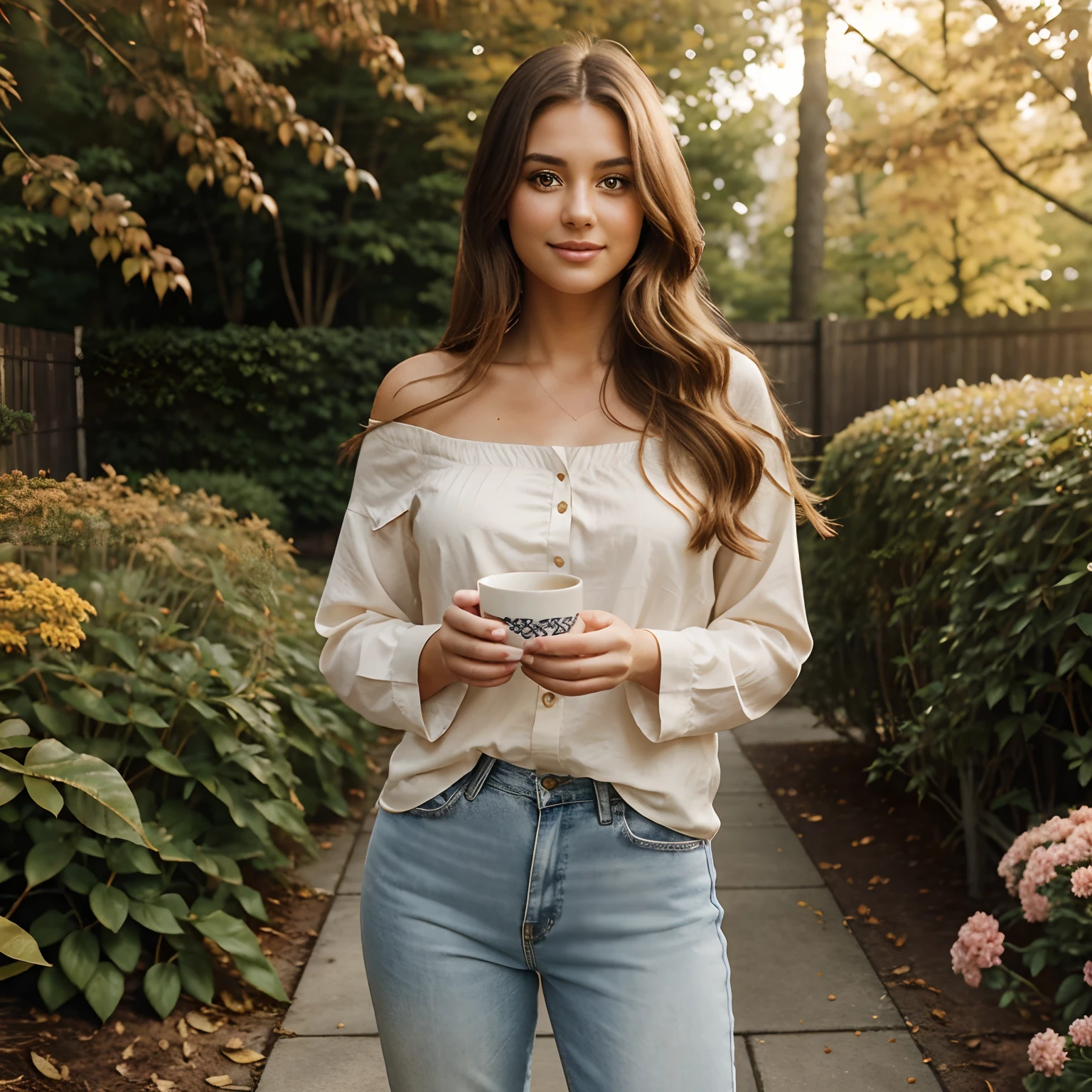 Full body photography of Autumn, the stunning brunette influencer. She should appear in her mid-20s with long, wavy chestnut hair that falls gracefully on her shoulders. She has an athletic hourglass figure accentuated by her full bust. Her complexion should be flawless, with a warm, sun-kissed tan. Autumn's expressive brown eyes should radiate charisma, and she should have a relaxed and confident demeanor. Autumn's debut post is a captivating introduction to her online presence. She stands in a soft, natural light, radiating warmth and authenticity. Her attire is casual chic, featuring a formfitting, white linen blouse paired with low-waisted, vintage denim jeans. Autumn's long, wavy chestnut hair falls gracefully around her shoulders.The background is a serene, sun-dappled garden, with blooming flowers and lush greenery. It exudes tranquility and complements her approachable demeanor.Autumn's pose is friendly and inviting. She stands with one hand casually in her pocket, her other hand holding a cup of steaming coffee. Her genuine smile and welcoming gaze create an instant connection with her audience. The post exudes a sense of authenticity and charm, setting the tone for her online presence as a relatable influencer. Intense look and makeup, symmetrical eyes, symmetrical face, photorealistic, photography, path tracing, specular lighting, volumetric face light, path traced hair, visible shadows, intricate, elaborate, hyper realistic