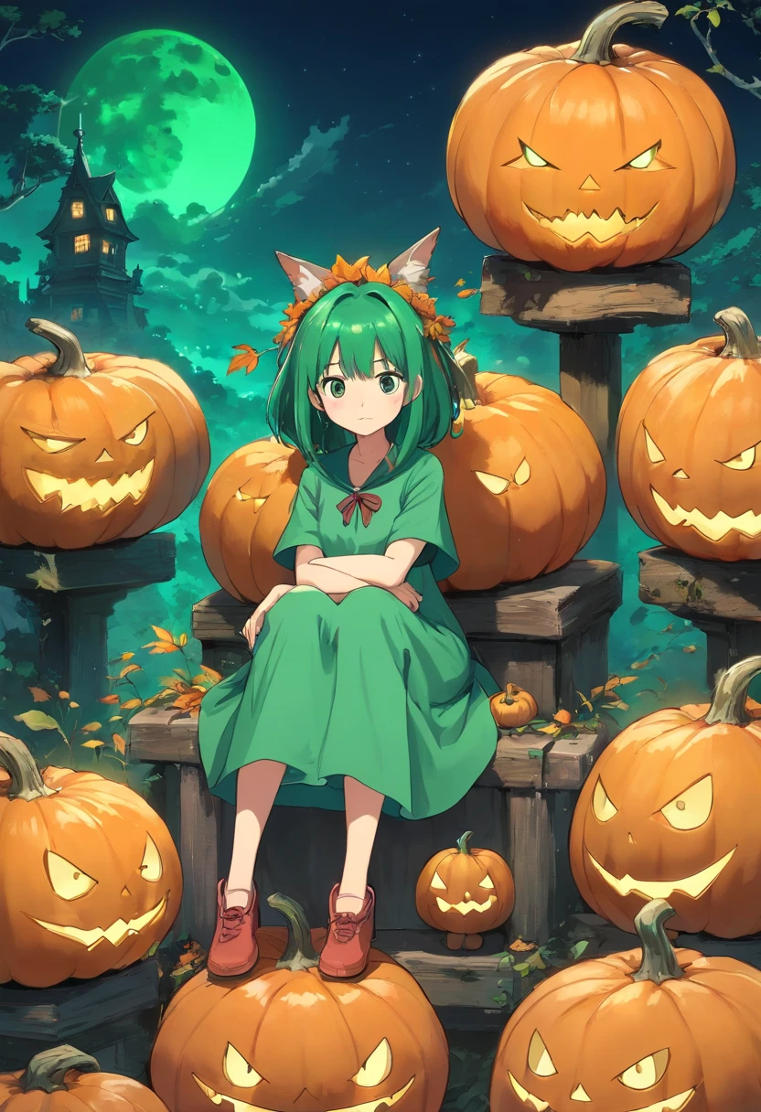 Curvaceous,1girl,sitting on 1spooky pumpkin,full body view,creepy pumpkins background,dressed as a witch,tall witch hat,thigh_highs,mini_skirt,large_hips,spooky,ghosts, Halloween, gigantic_breasts,cleavage cutout,blushing,ahegao_face,black-hair,green-eyes,heart-shaped_pupils,long_hair,tiny-waist,High detailed,