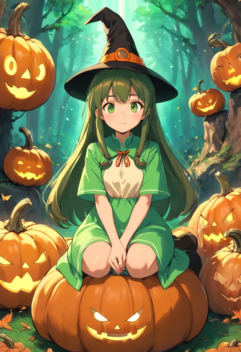 Bom em Ccabelo,1Menina,sitting on 1Strange pumpkin,whole body view,Scary pumpkin background,vestido como uma bruxa,Witch hat grandiosoe,coxa_Alto,Mini_saia,grandioso_Quadris,odd,Fantasmas, dia das bruxas, gigantesco_peito,recorte de clivagem,Corar,Ahegao_rosto,cabelos pretos,Olhos verdes,cordiforme_Alunos,Longas_cabelo,tiny size,alto detalhamento,