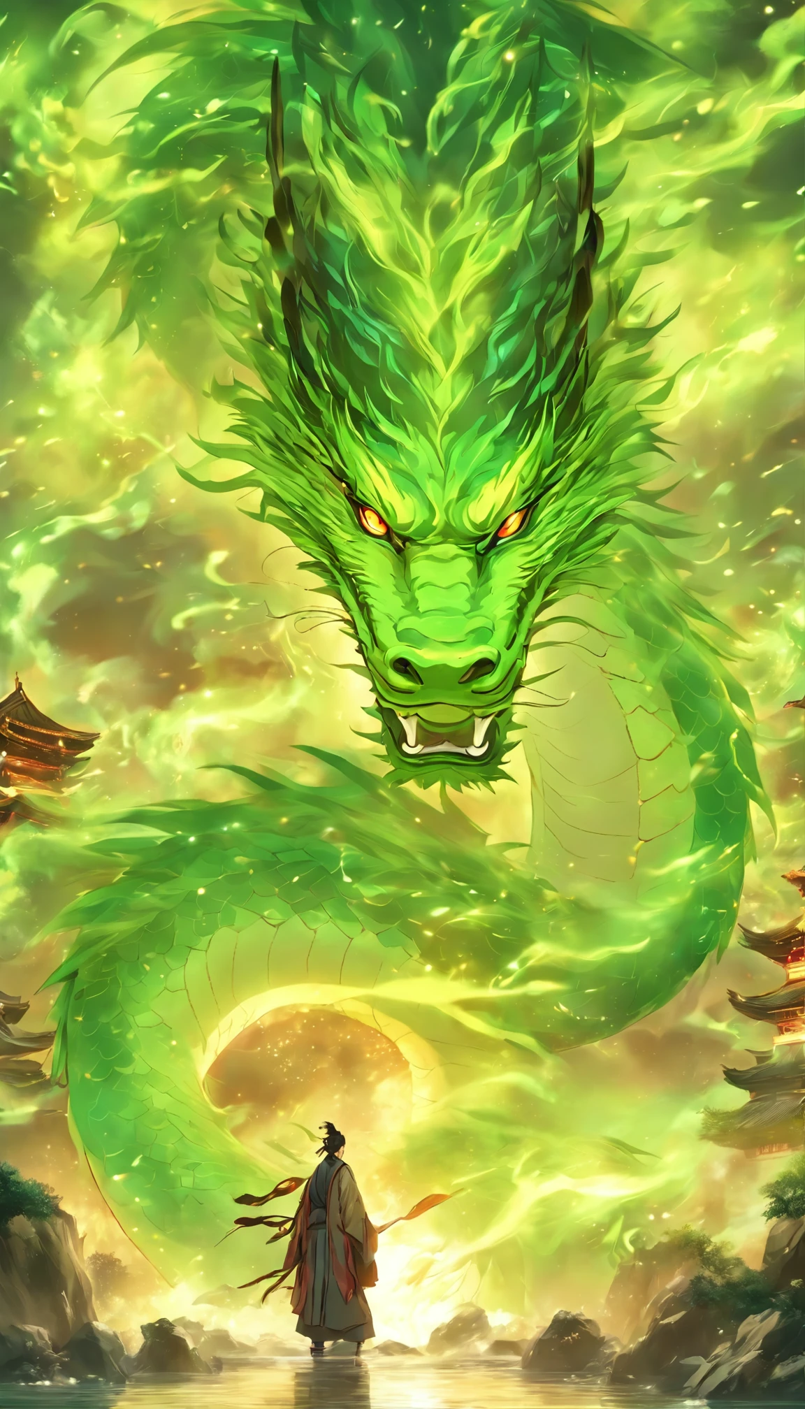 China-style,中景 the scene is,The Taoist priest stood in front of the huge green dragon,Stretch your hands,Long messy hair,Glow effects,Hyper-realistic,Ultra photo realsisim,Chinese black and white ink style,Silver,Decolorization,Smudge,ink,8K,super-fine,high qulity,OC renderer