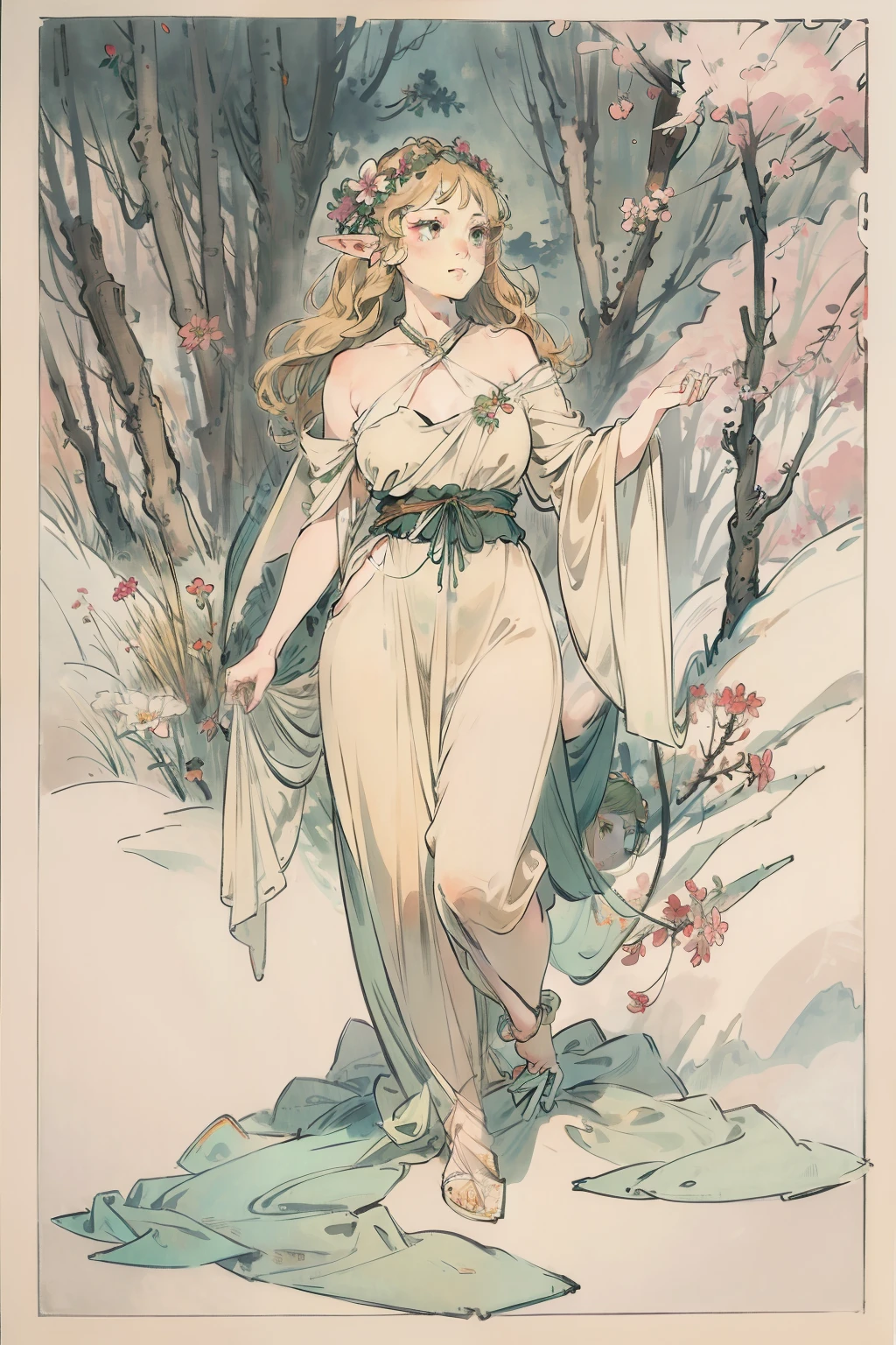 SFW,masutepiece, Best Quality, High resolution, 1girl in, Full body, Details Girl, detail hands, Detail fingers, Detail Face, detail legs, 1girl in, elf, Looking down, Flower Garden, Black sky, smog, watercolor paiting, pale skin, Petite, Blonde hair, Long hair, Wavy Hair, saddened, mournful smile, Green eyes, tareme, medium breasts, white sundress, Bare back, Planting trees