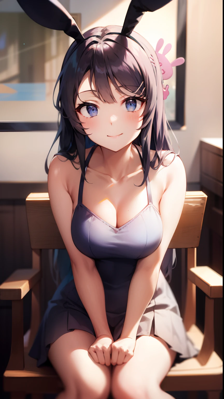 Mai Sakurajima, sitting in a chair in a room, pale light, smiling, wearing bunny ears