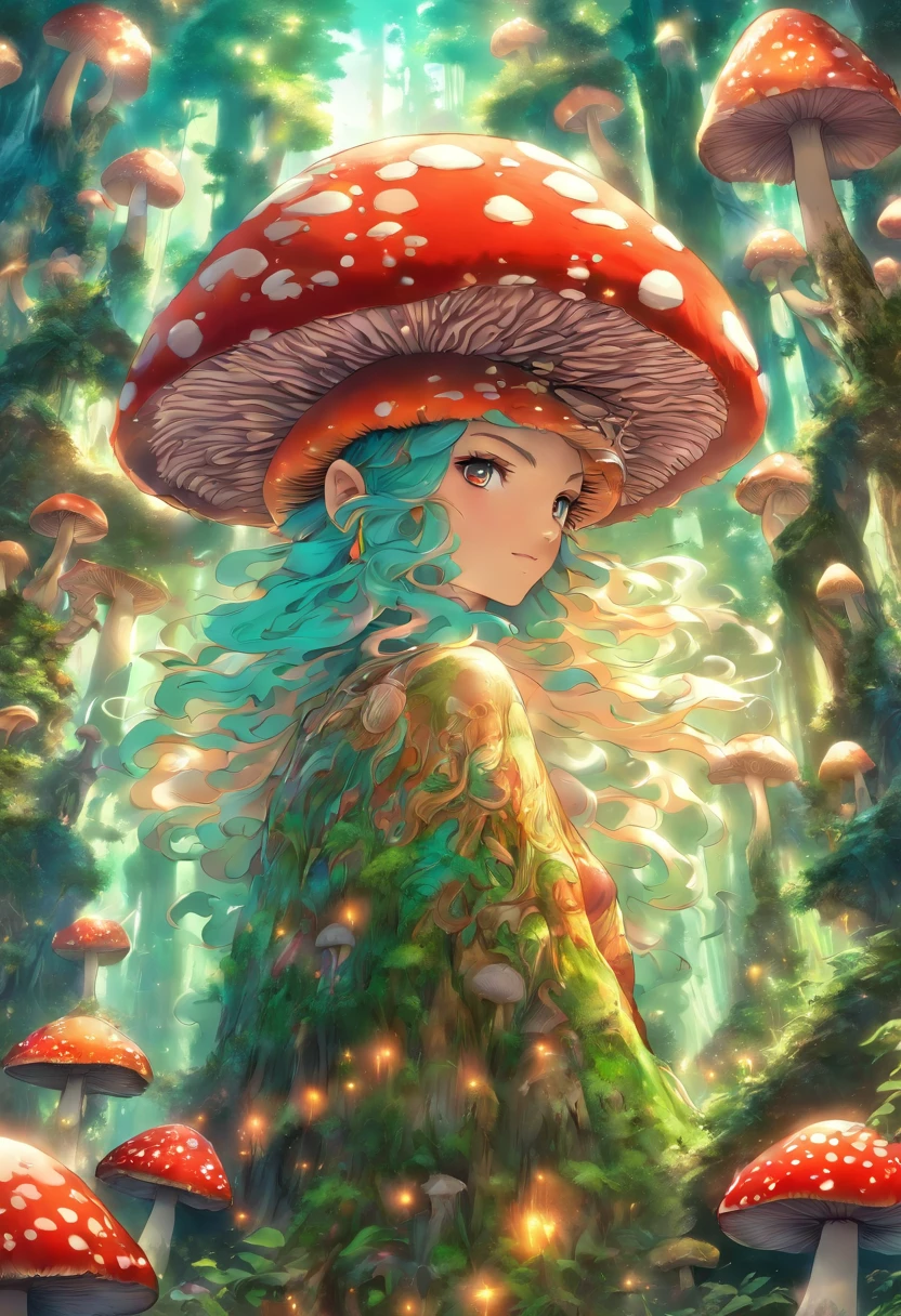 masterpiece, best quality, 1 woman, many eyes, glowing mushrooms stick out of her hair, space background, feef,