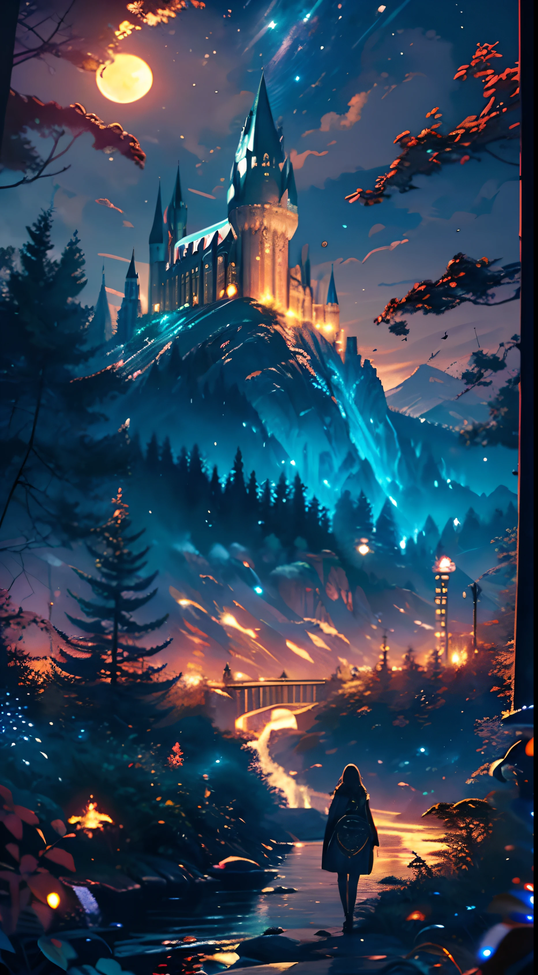 Hogwarts castle, ((masterpiece)), (best quality), Retro, Full Color, Multicolor, Artistic, Superior Detail, Super Quality, Fine Details, Highlights, 8k, Masterpiece, City Night, moonLight, Mountains, Forest, colorful night sky,