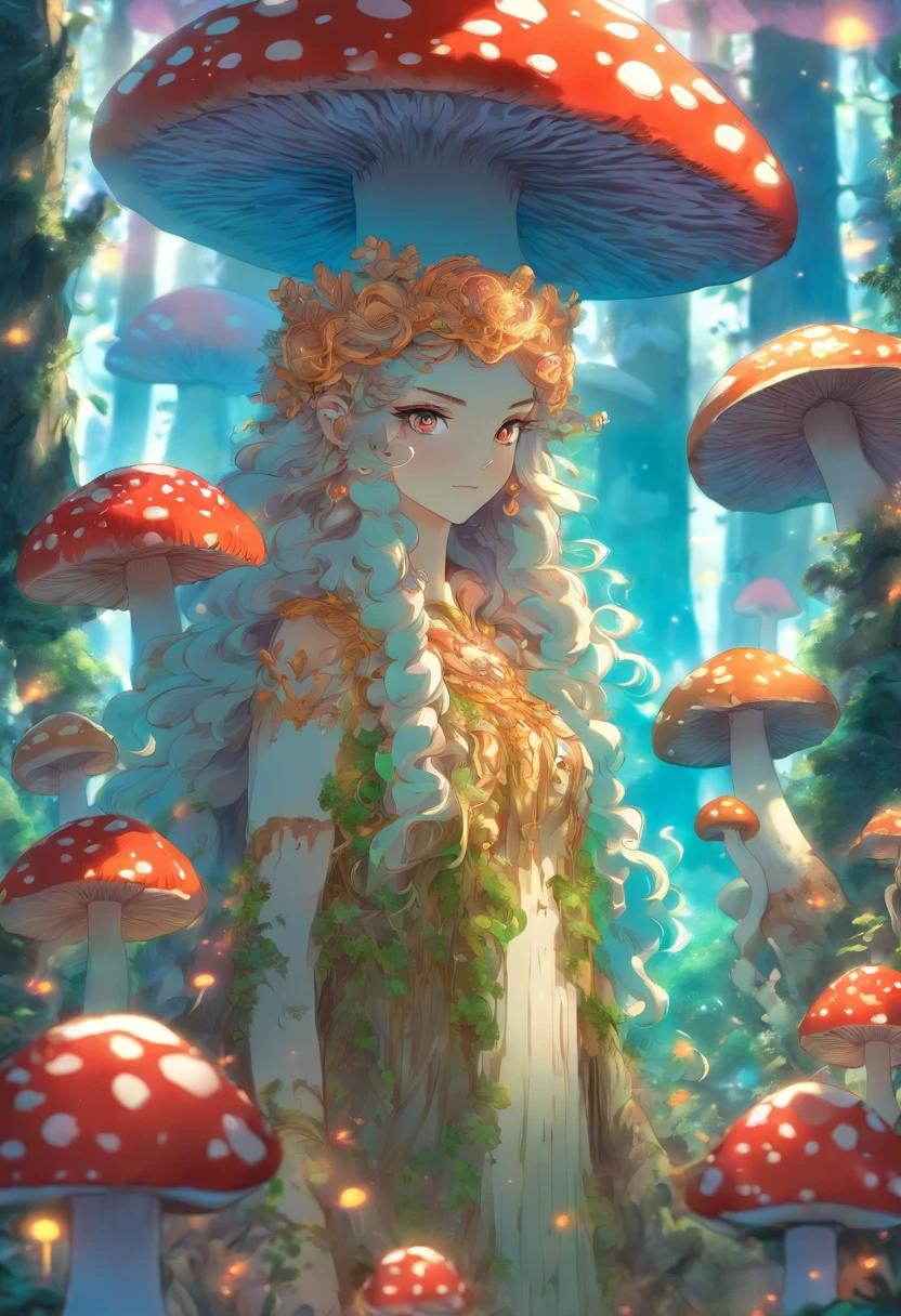 (best quality, highres:1.2), ultra-detailed, (illustration), (1 girl), beautiful detailed eyes, delicate beautiful face, flowing hair, (vibrant, high saturation), colorful splashes, colorful bubbles, (shimmering), focused on the face, strolling in a forest full of colorful mushrooms
