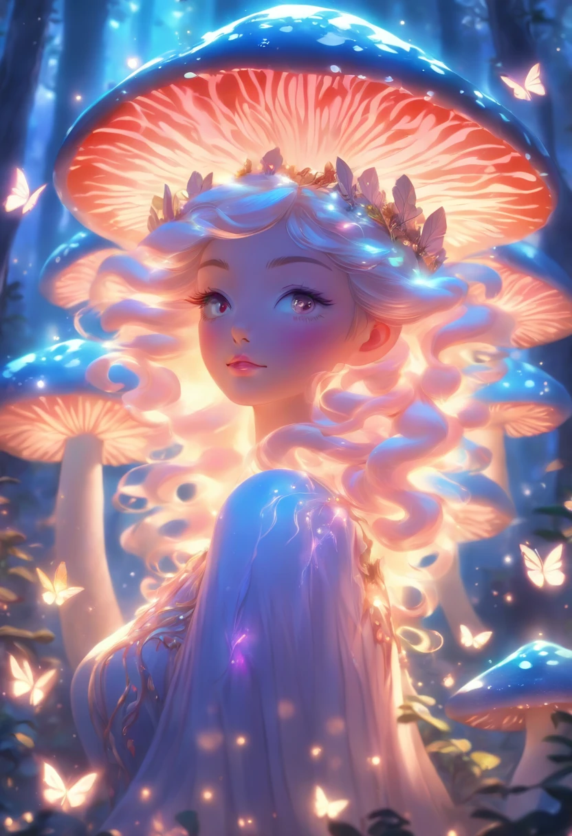 (best quality,ultra-detailed),mushroom forest queen goddess,ethereal,enchanted forest,beautiful detailed eyes,beautiful detailed lips,flowing gown,graceful pose,fairy wings,halo of light,magical crown,glowing mushrooms,whispering trees,mystical atmosphere,soft sunlight filtering through leaves,dreamlike colors,fantasy art,whimsical,mythical,otherworldly,lush vegetation,serene expression,alluring presence,harmony with nature,dancing with butterflies,luminous glow,transcendent beauty,majestic presence,enchanted beings,ethereal glow,tranquil aura,peaceful ambiance