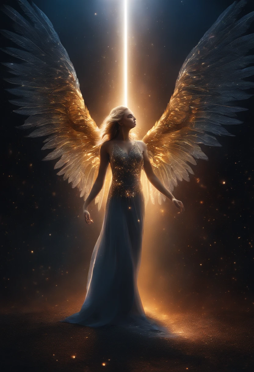 cosmic fallen angel, olhos claros brilhantes, Biomechanicals, estranho, assustador, Pesadelo, cores muito brilhantes, light particles, com luz brilhante, Mshiff, Arte do papel de parede, Papel de parede UHD