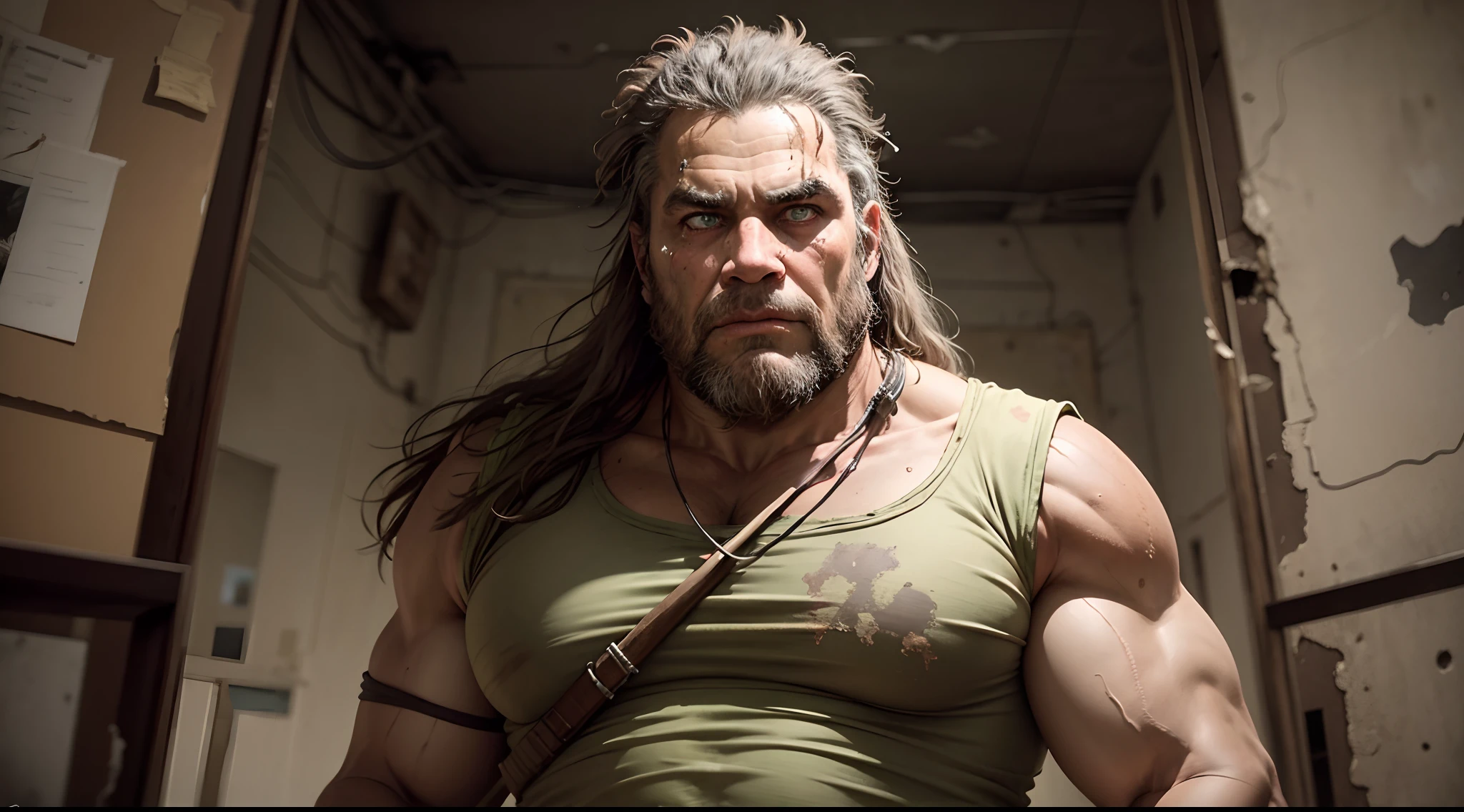 [Technological Caveman in a Post-Apocalyptic World], [oil-painting], [Post-apocalyptic style with prehistoric influences], [references: Mad Max, Arqueologia], [Instagram de artistas], [Medium resolution to create a somber atmosphere], [Paleta de cores desgastadas com toques de tecnologia primitiva], [Post-apocalyptic dramatic lighting], [Telephoto camera lens to focus on the character] [unique perspective], [Artistic quality of oil painting]