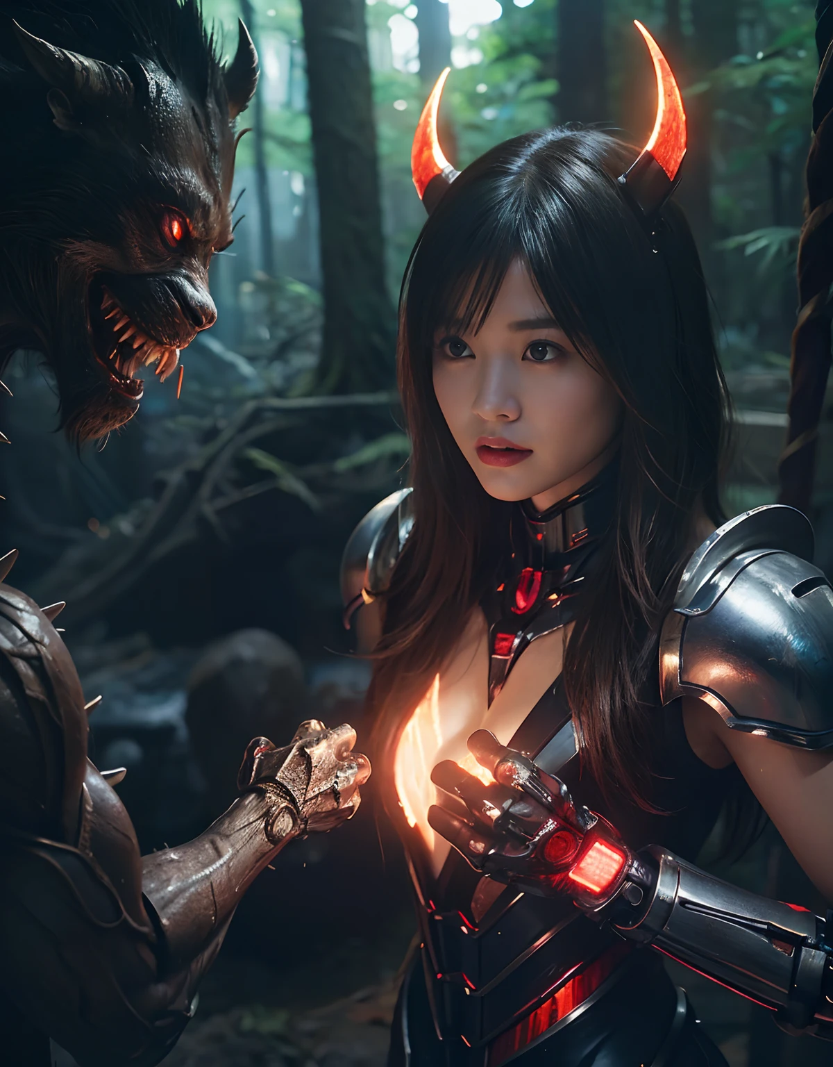 (1 Mechanical Girl)、top-quality、masterpiece、超A high resolution、(Photorealsitic:1.4)、Raw photo、1人、Fight mutants、glowy skin、(((1 Mechanical Girl)))、With a beautiful knife、(Silver Metal Bodysuit)、(Kobold、ogre、Fierce battle with orcs),(Fight fiercely against aliens)、Fight fiercely、(beautiful forest background)、(Fighting Demonic Beasts)、(Small LED)、((super realistic details))、portlate、(Strong giant demon beast background),globalillumination、Shadow、octan render、8K、ultrasharp、Colossal tits、Raw skin is exposed in cleavage、metals、Details of complex ornaments、Japan details、highly intricate detail、Realistic light、(Mystical expression),CGSoation Trends、Red Eyes、radiant eyes、Facing the camera、neon details、(Mechanical limbs)、(blood vessels connected to tubes)、Mechanical vertebrae attached to the back、mechanical cervical attaching to neck、(Wires and cables connecting to the head)、Gundam、Small LED、,Mechanical thighs、Toostock、(Hands are also made of machines)、(Attack of the Monster Beasts)、(Wounded in a deadly battle)、
