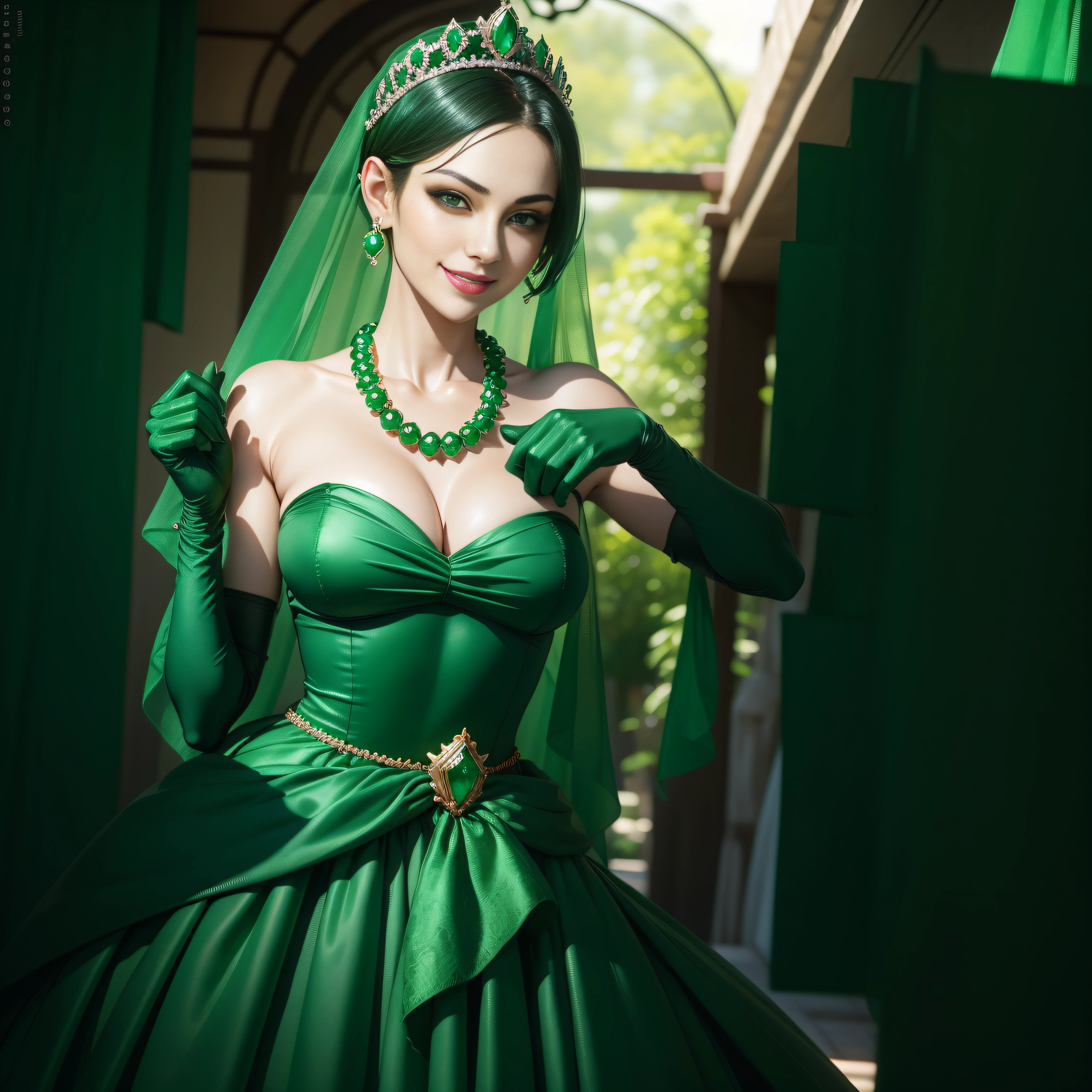 emerald tiara, Green Pearl Necklace, Boyish very short green hair, lipsticks, Japan woman smiling, very short short hair, ??????????? beautiful, Green eyes, Long green gloves made of satin material, Green eyes, Emerald Earrings, Green dress