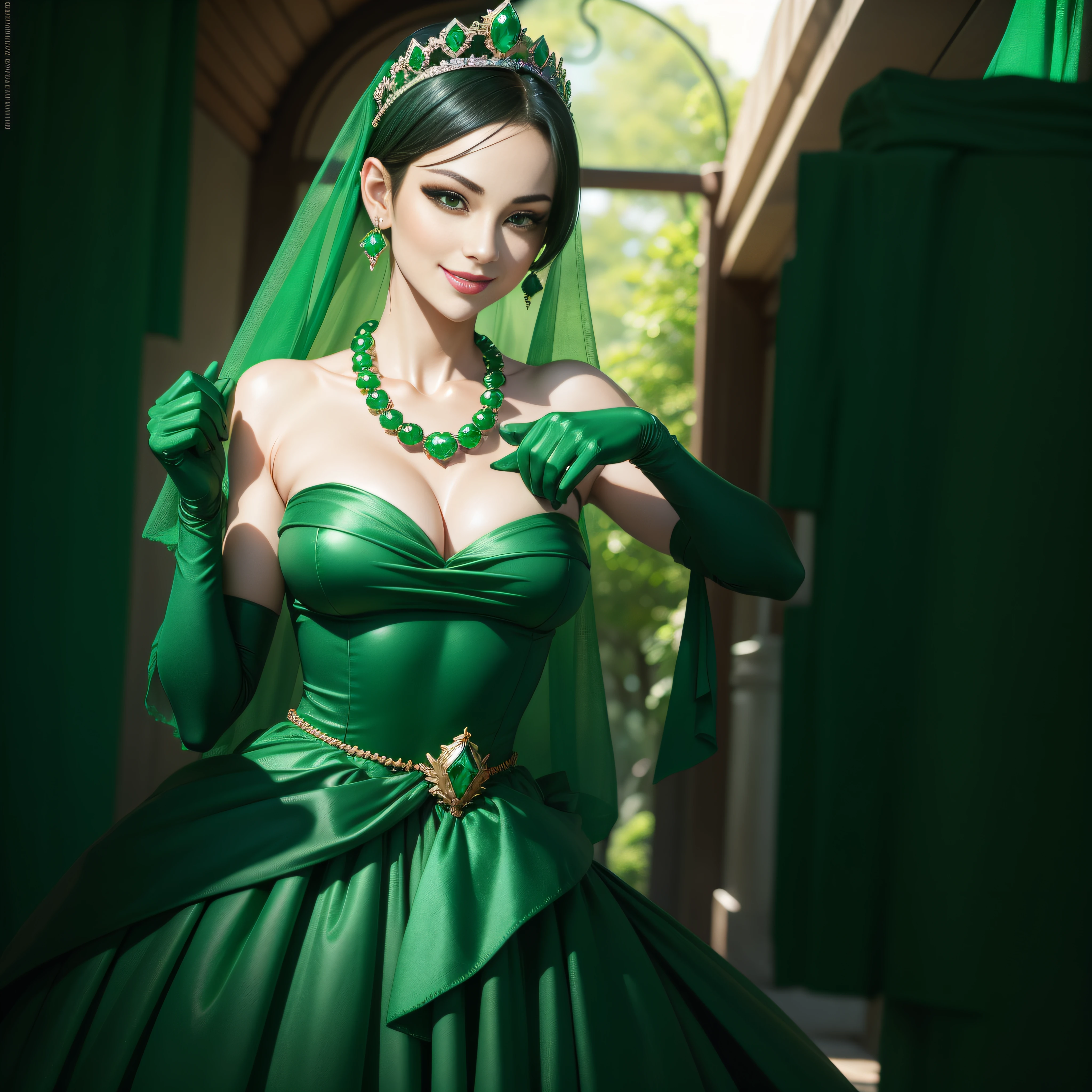 emerald tiara, Green Pearl Necklace, Boyish very short green hair, lipsticks, Japan woman smiling, very short short hair, big breasts beautiful, Green eyes, Long green gloves made of satin material, Green eyes, Emerald Earrings, Green dress