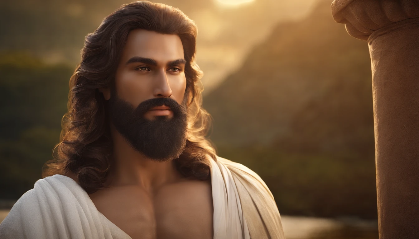Digital realistic front pose looking image of a most attractive sun god, age 30, face fair, very attractive, handsome, romantic , wisdom full attractive mesmerizing divine eyes looking in front pose, sharp nose, smiling lips , have long loose golden hairs, elegant beard. Body appearance elegant, stout, masculine, dynamic, looks mighty like a handsome greek god, wears a white robe, detailed realistic looking avatar.