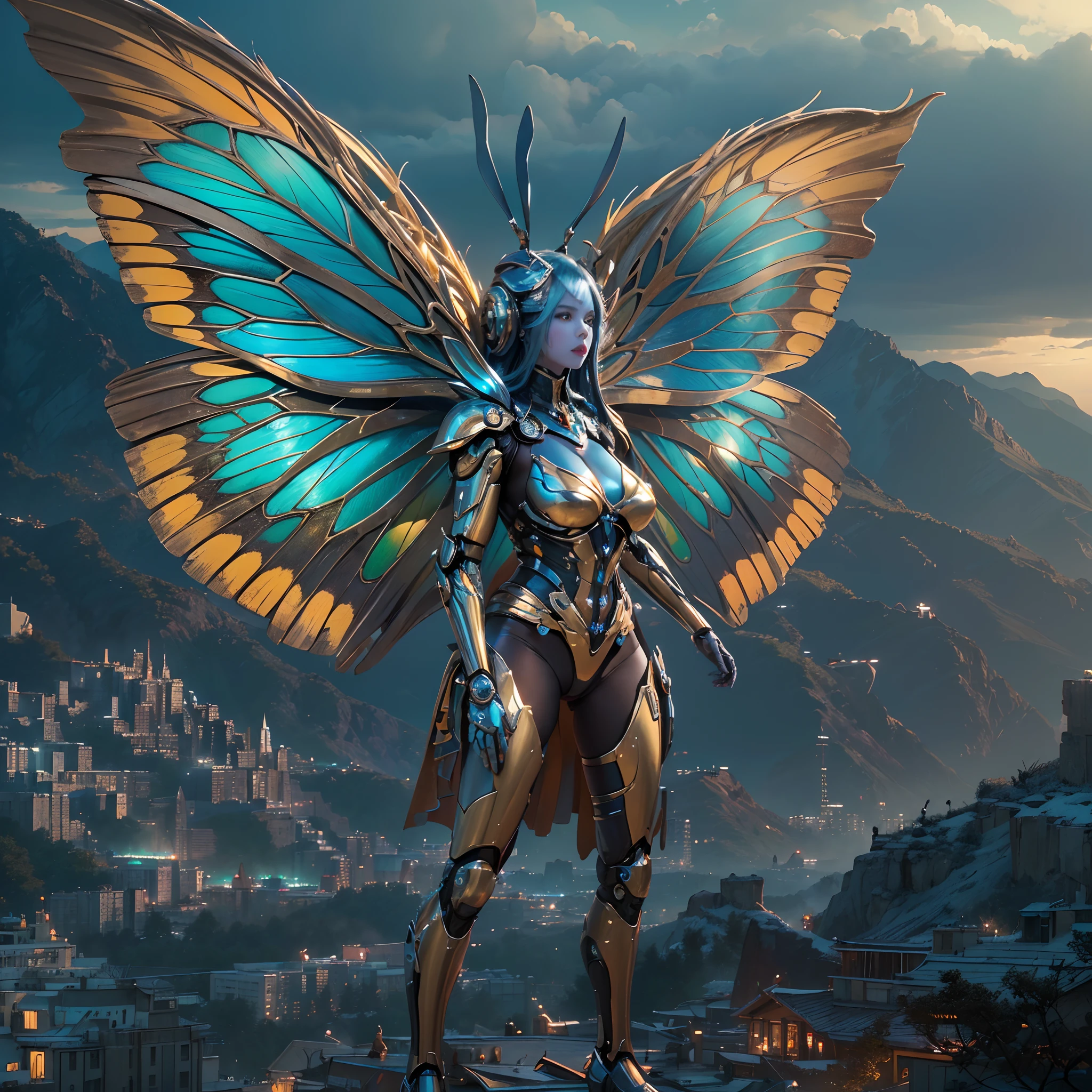 wide wide shot，(Best quality,4K,8K,A high resolution,Masterpiece:1.2),Ultra-detailed,(Realistic,Photorealistic,photo-realistic:1.37),Mechanical Woman，Huge butterfly wings,Shiny metal skin,Rabbit ears，(Mechanical body,Mechanical limb)。nigth,(frontage)，standing on top of a mountain。Vibrant colors。Science fiction art style.