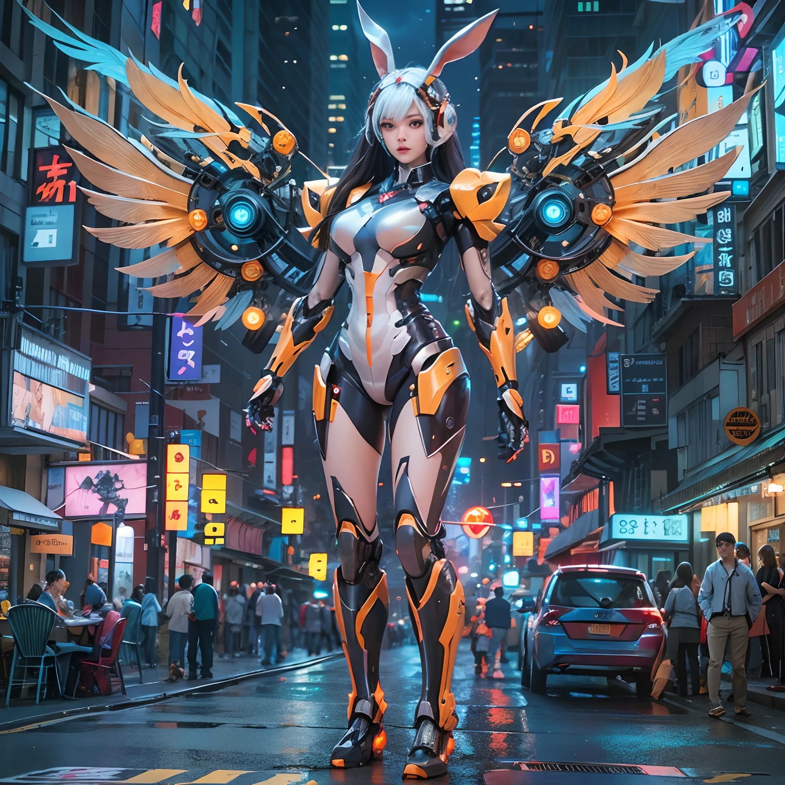 (Best quality,4K,8K,A high resolution,Masterpiece:1.2),Ultra-detailed,(Realistic,Photorealistic,photo-realistic:1.37),[Cyberpunk,Girl,The center of the picture,frontage，Mechanical,Metallic,robotic limb,high-heels，(Huge wings),(Rabbit ears)],Futuristic city landscape,nigth,Suspended in the street，Science fiction elements,urban chic,